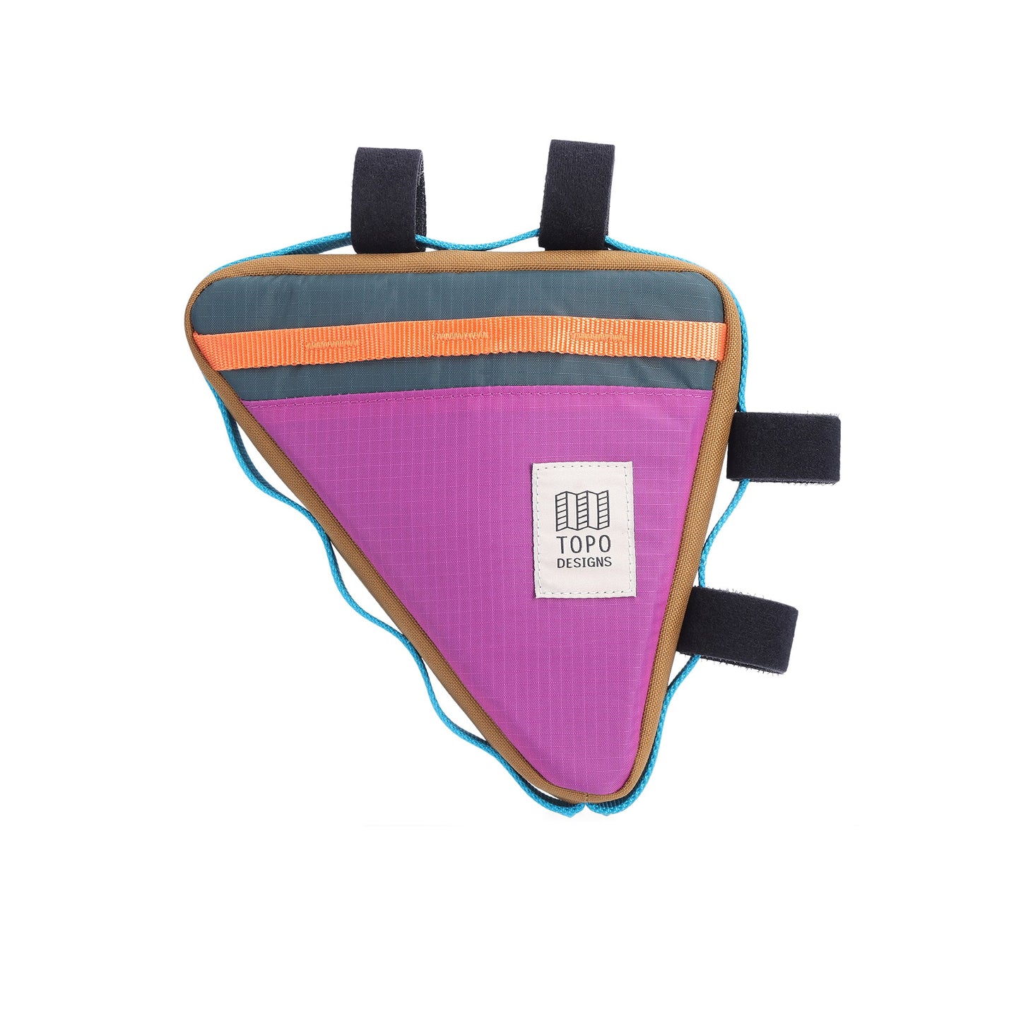 General shot of Topo Designs Bike Frame Bag in "Botanic Green / Grape" green orange lightweight recycled nylon.
