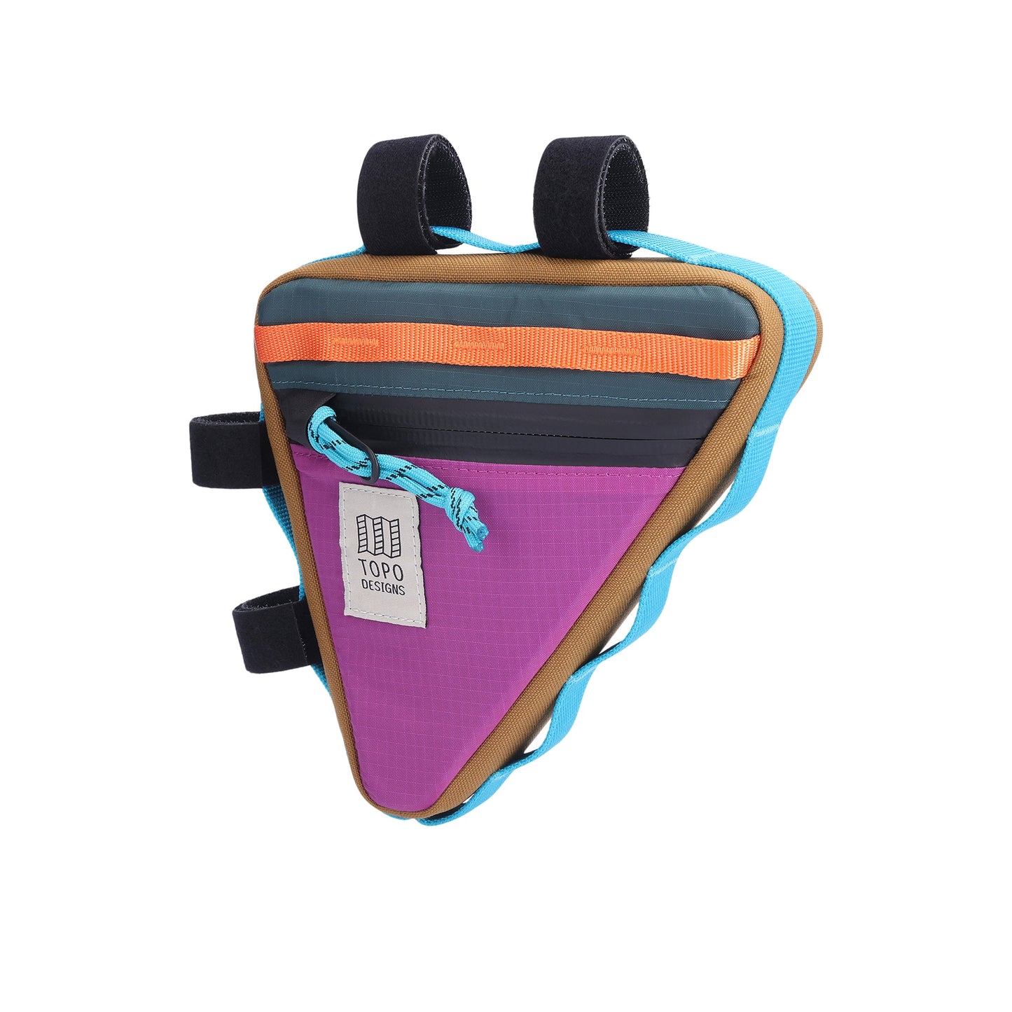 Topo Designs Bike Frame Bag in "Botanic Green / Grape" green orange lightweight recycled nylon.
