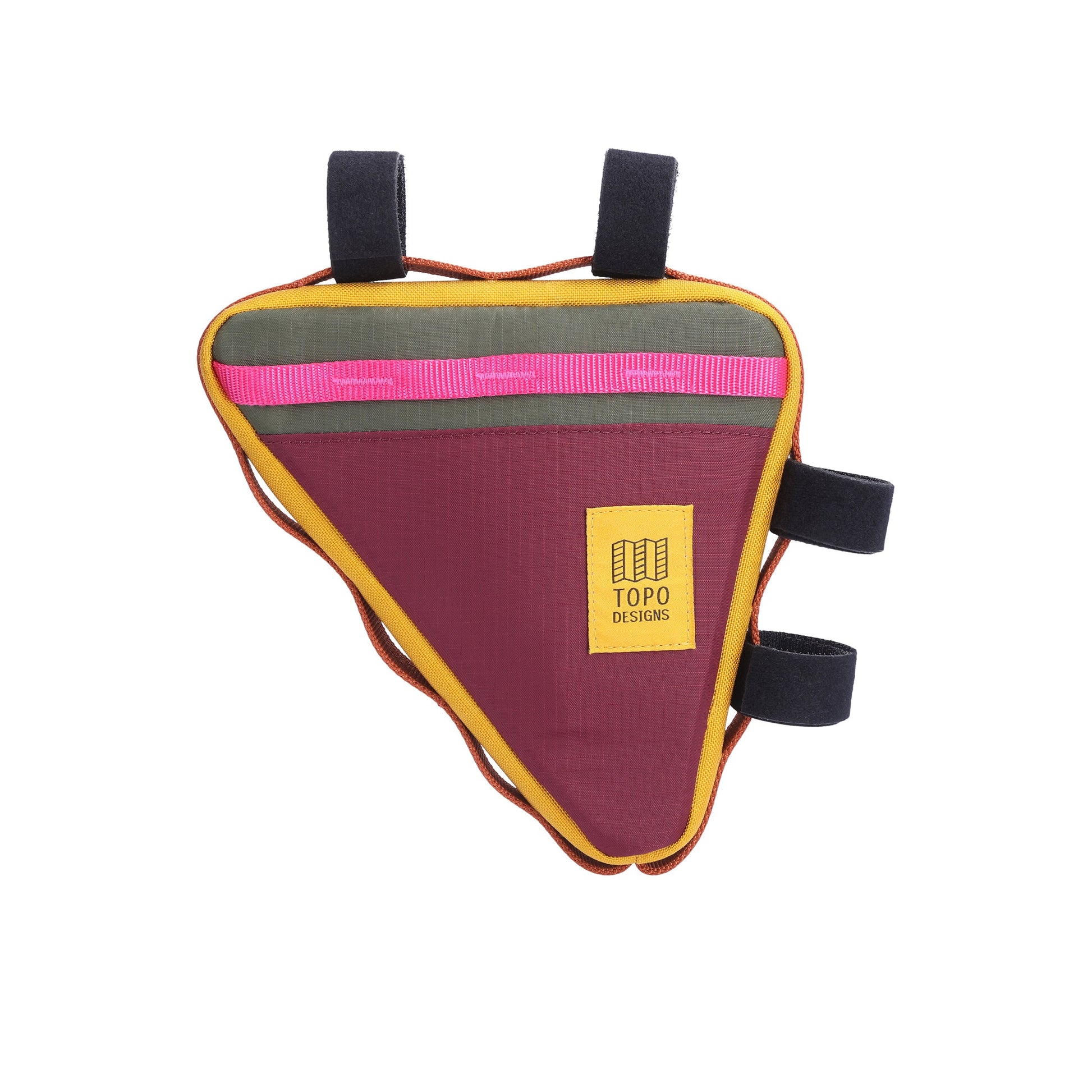 Back view of Topo Designs Bike Frame Bag in "Olive / Burgundy" green purple lightweight recycled nylon.