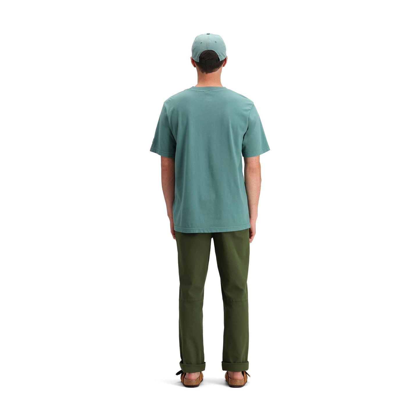 General back model shot of Topo Designs Dirt Pocket Tee - Men's in "Sea Pine"