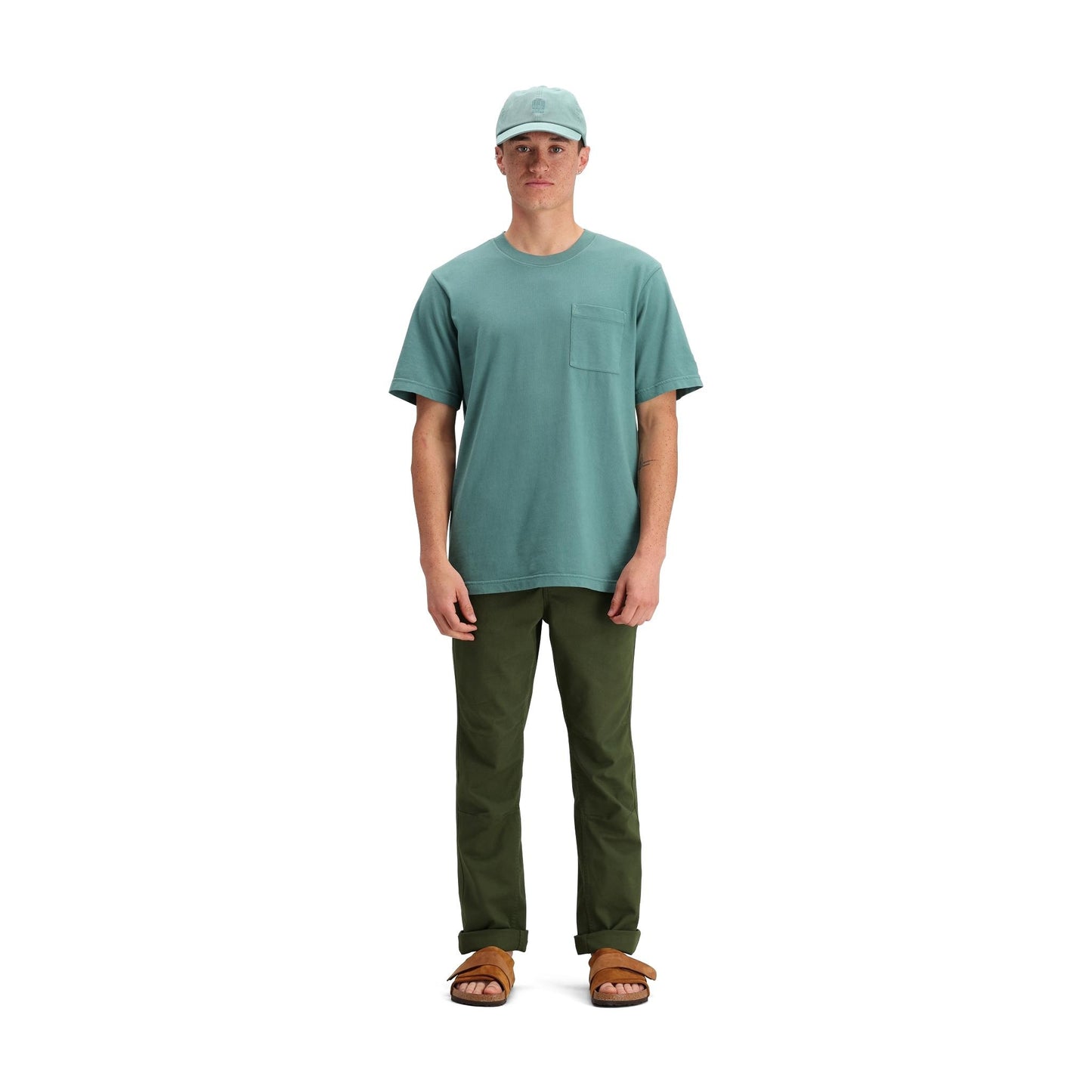 General front model shot of Topo Designs Dirt Pocket Tee - Men's in "Sea Pine"