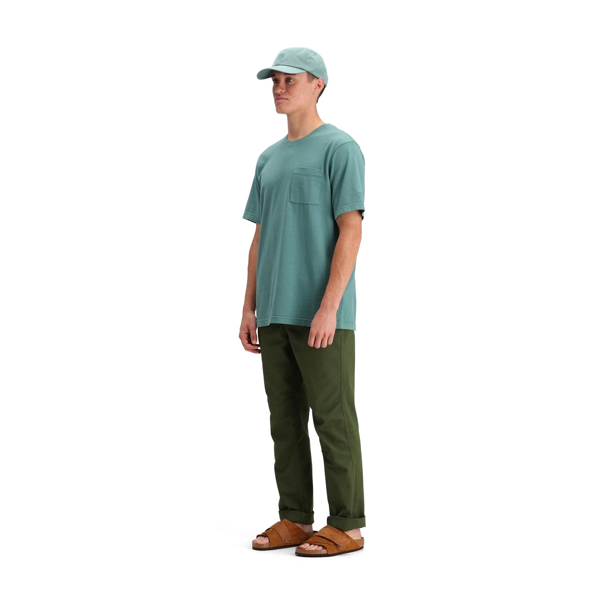 General side model shot of Topo Designs Dirt Pocket Tee - Men's in "Sea Pine"