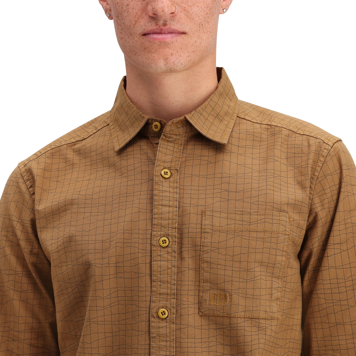 General shot of Topo Designs Dirt Desert Shirt - Men's  in "Dark Khaki Terrain"