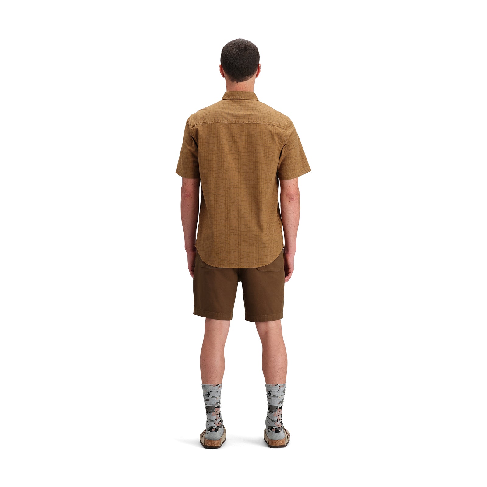 General back model shot of Topo Designs Dirt Desert Shirt Ss - Men's  in "Dark Khaki Terrain"