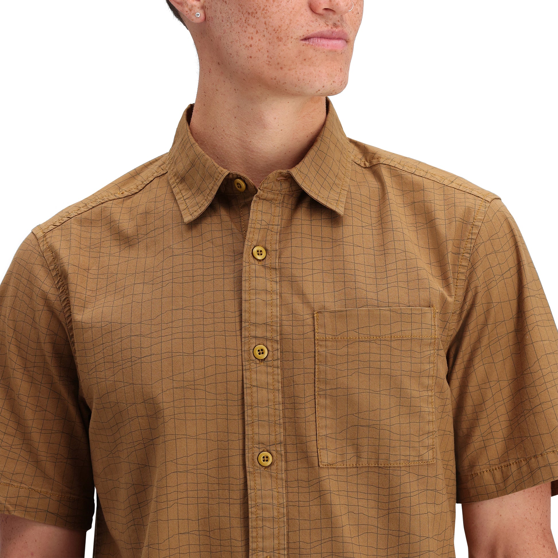 General Detail shot of Topo Designs Dirt Desert Shirt Ss - Men's  in "Dark Khaki Terrain"