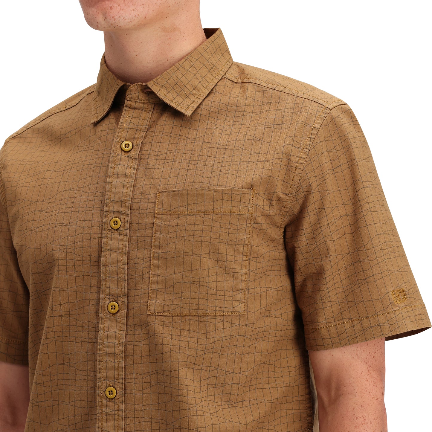 General Detail shot of Topo Designs Dirt Desert Shirt Ss - Men's  in "Dark Khaki Terrain"