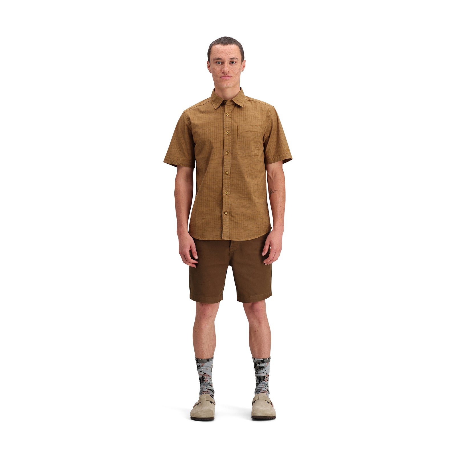 General front model shot of Topo Designs Dirt Desert Shirt Ss - Men's  in "Dark Khaki Terrain"