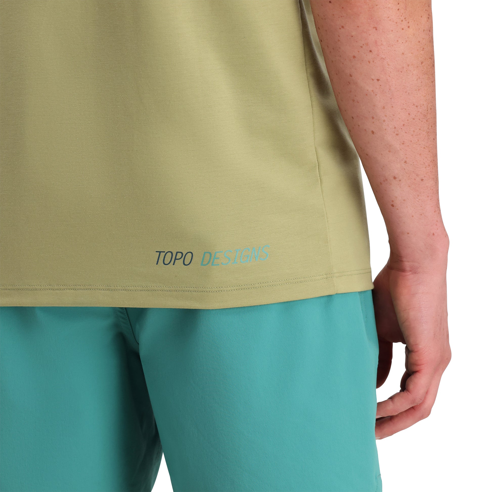 Detail shot of Topo Designs Global Tek Crew Ss - Men's in "Moss"