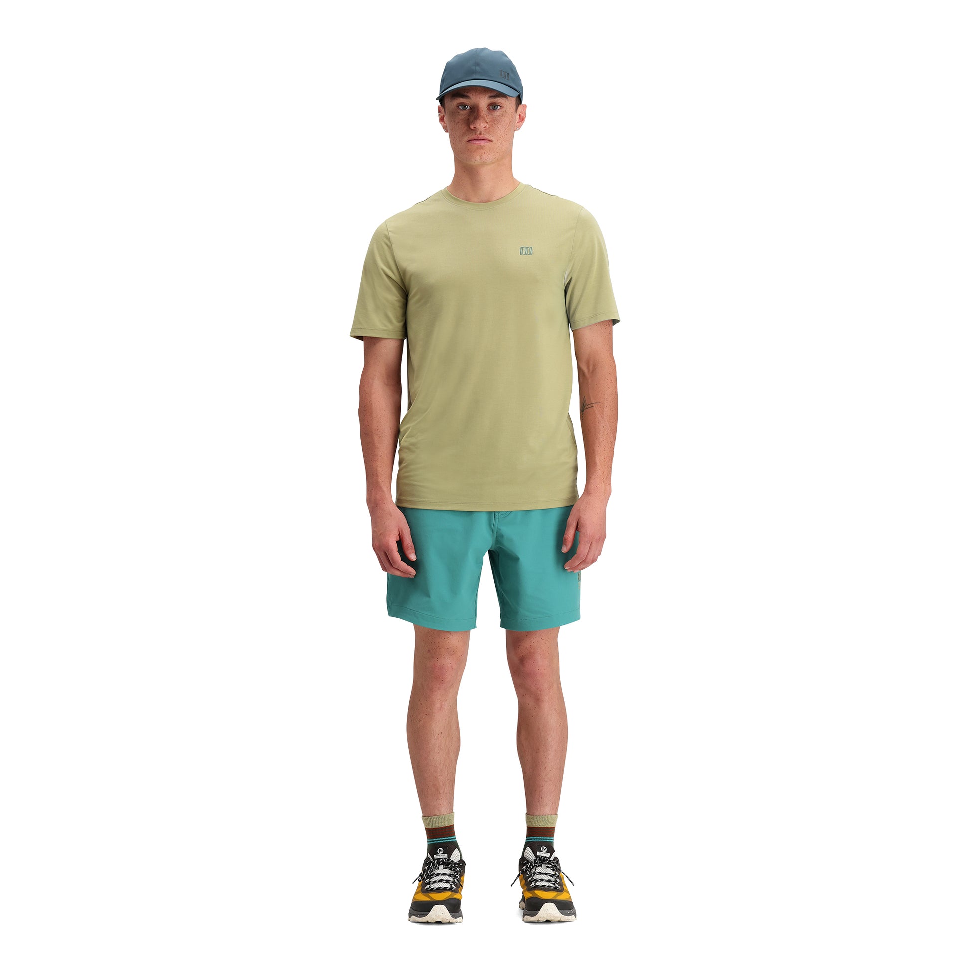 General front model shot of Topo Designs Global Tek Crew Ss - Men's in "Moss"