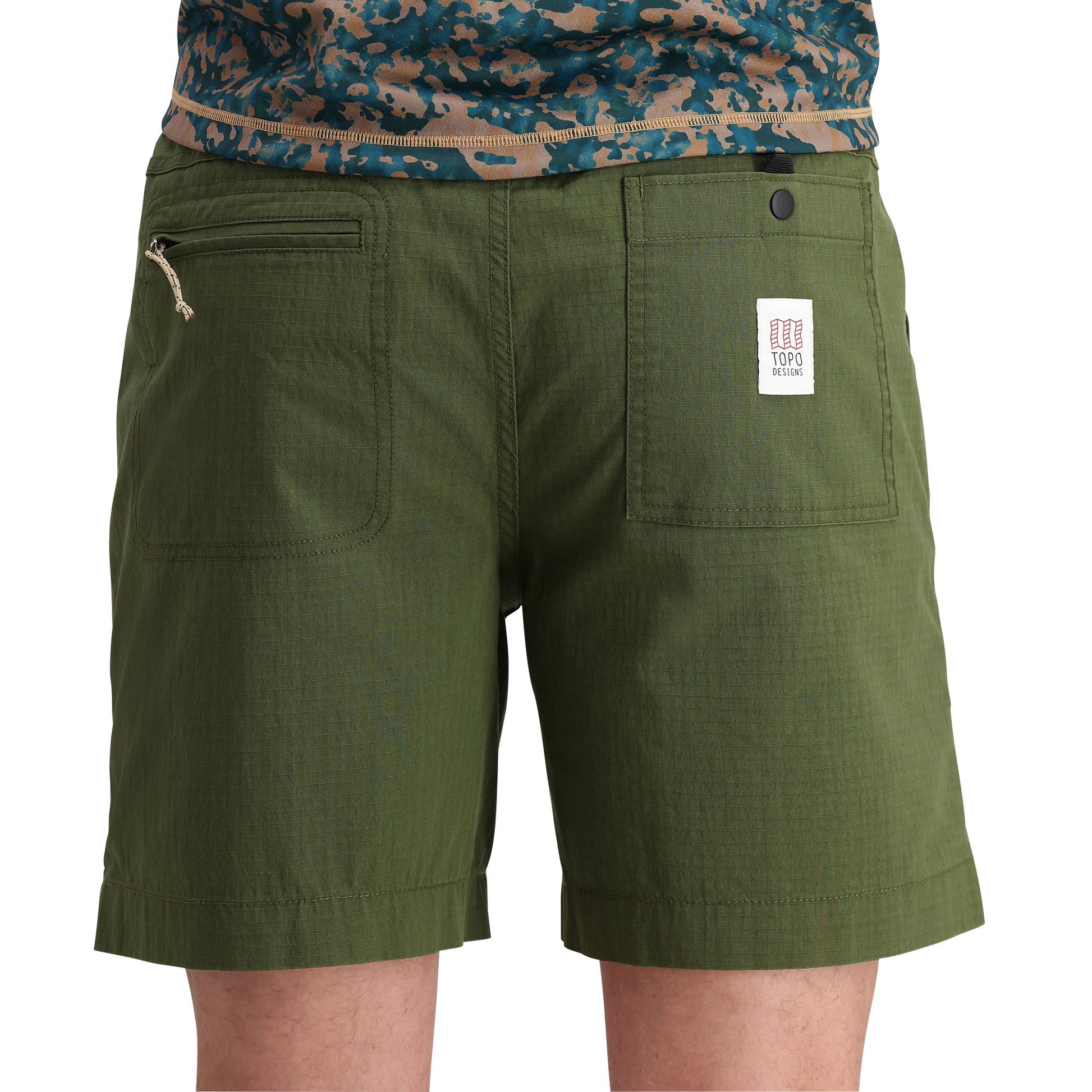 Detail shot of Topo Designs Mountain Short Ripstop - Men's in "Olive"