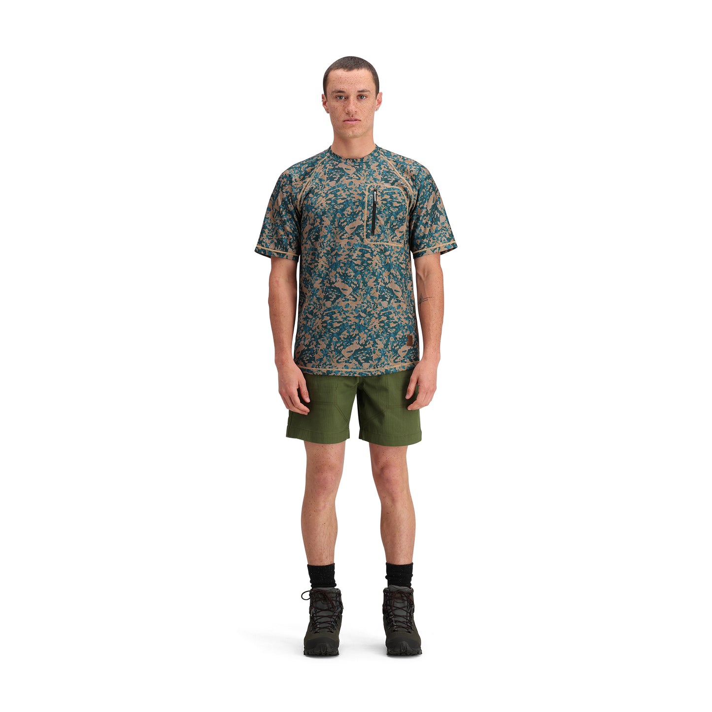 General front model shot of Topo Designs Mountain Short Ripstop - Men's in "Olive"