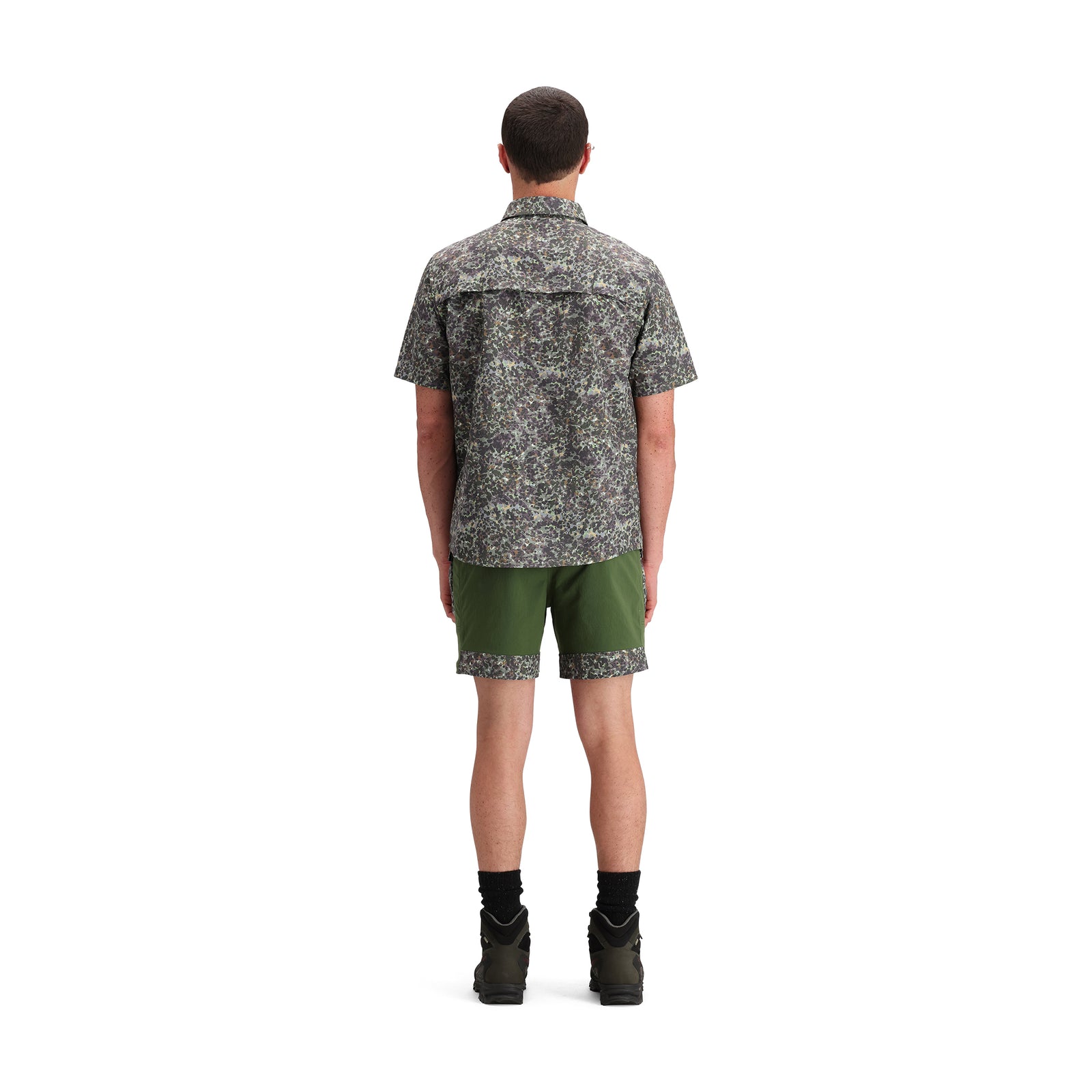 General back model shot of Topo Designs Retro River Shorts - Men's in "Olive / Olive Meteor"