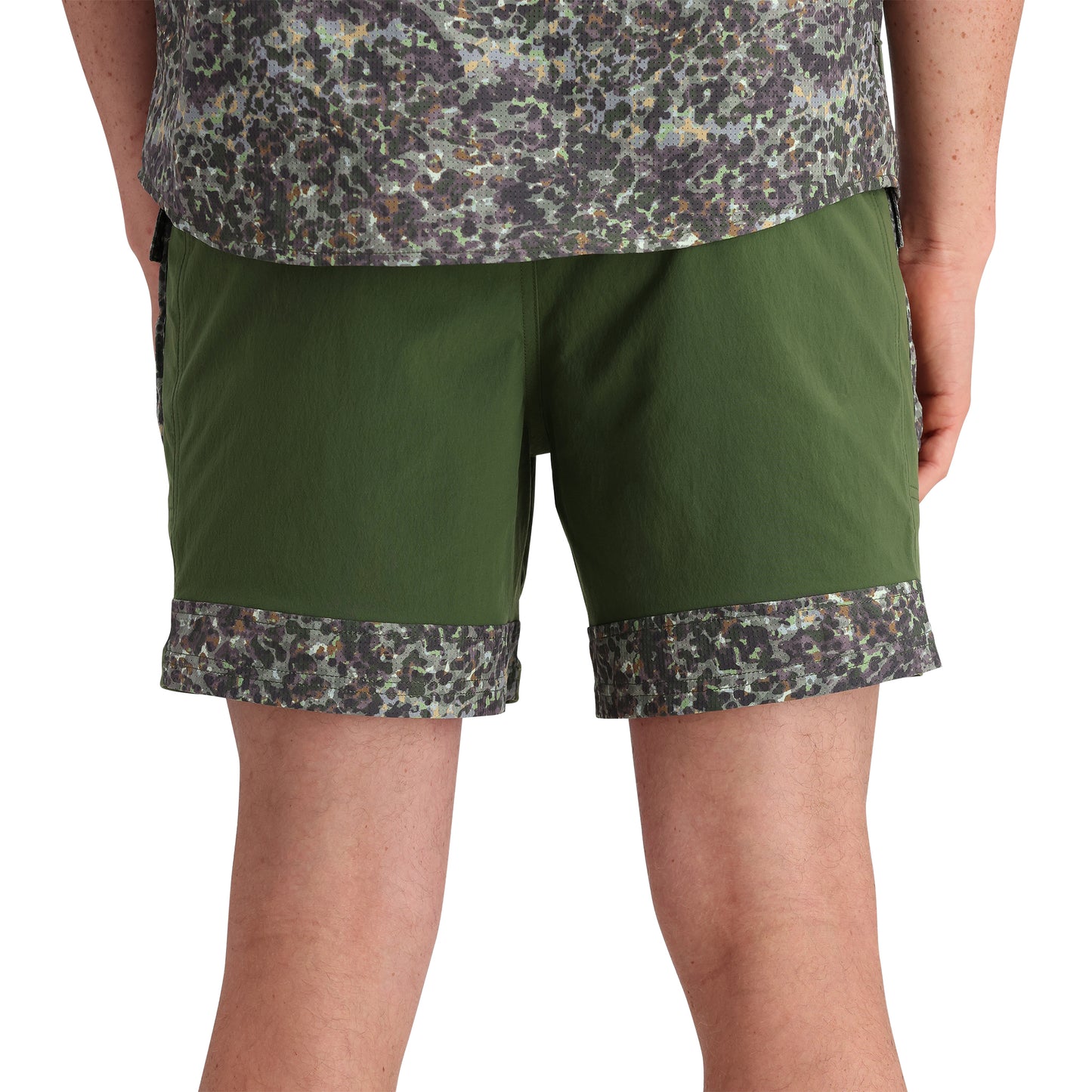 Detail shot of Topo Designs Retro River Shorts - Men's in "Olive / Olive Meteor"