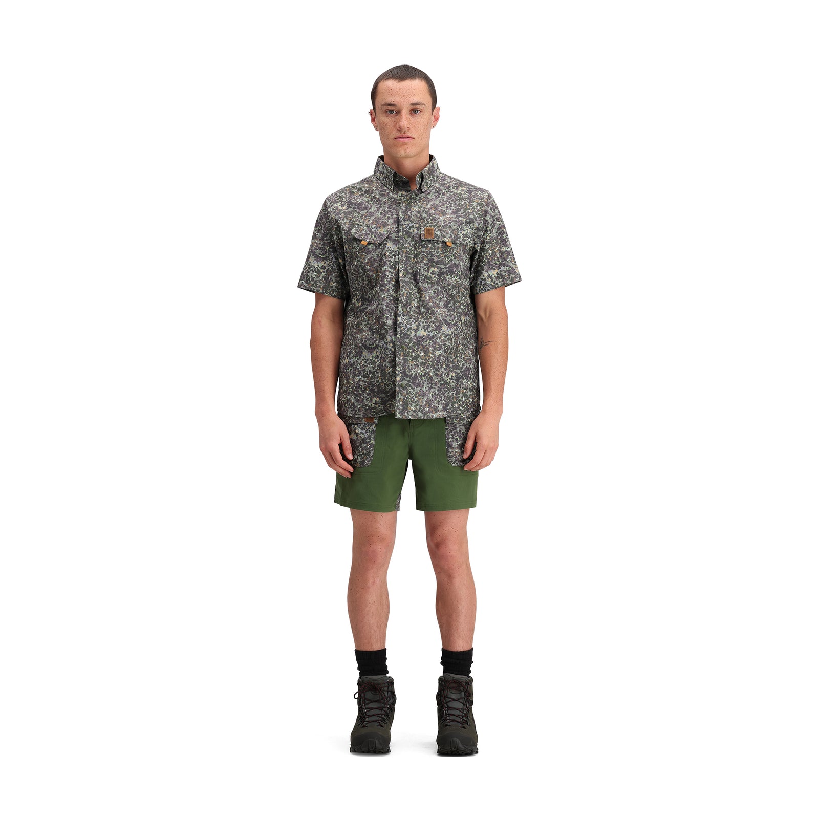 General front model shot of Topo Designs Retro River Shorts - Men's in "Olive / Olive Meteor"