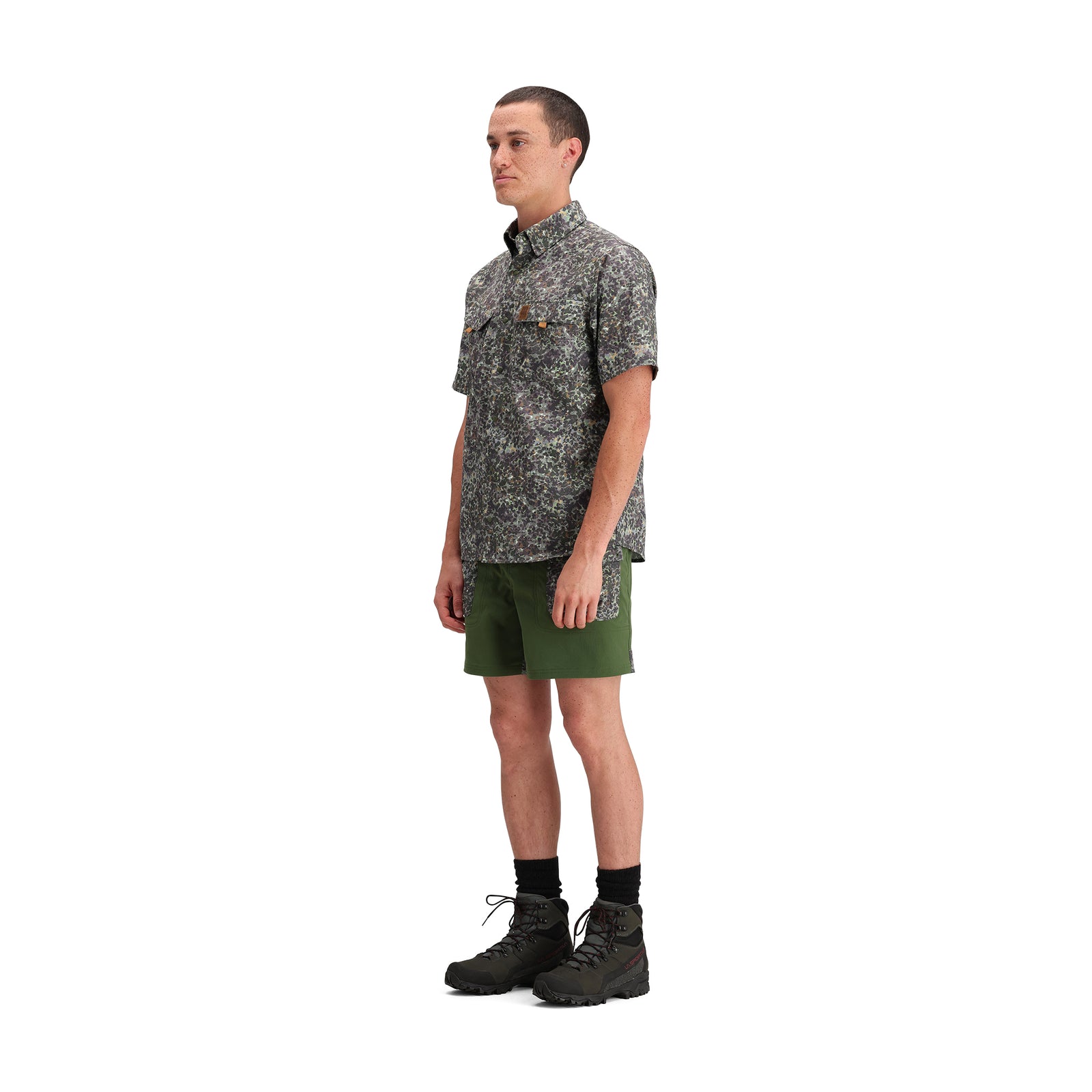 General side model shot of Topo Designs Retro River Shorts - Men's in "Olive / Olive Meteor"