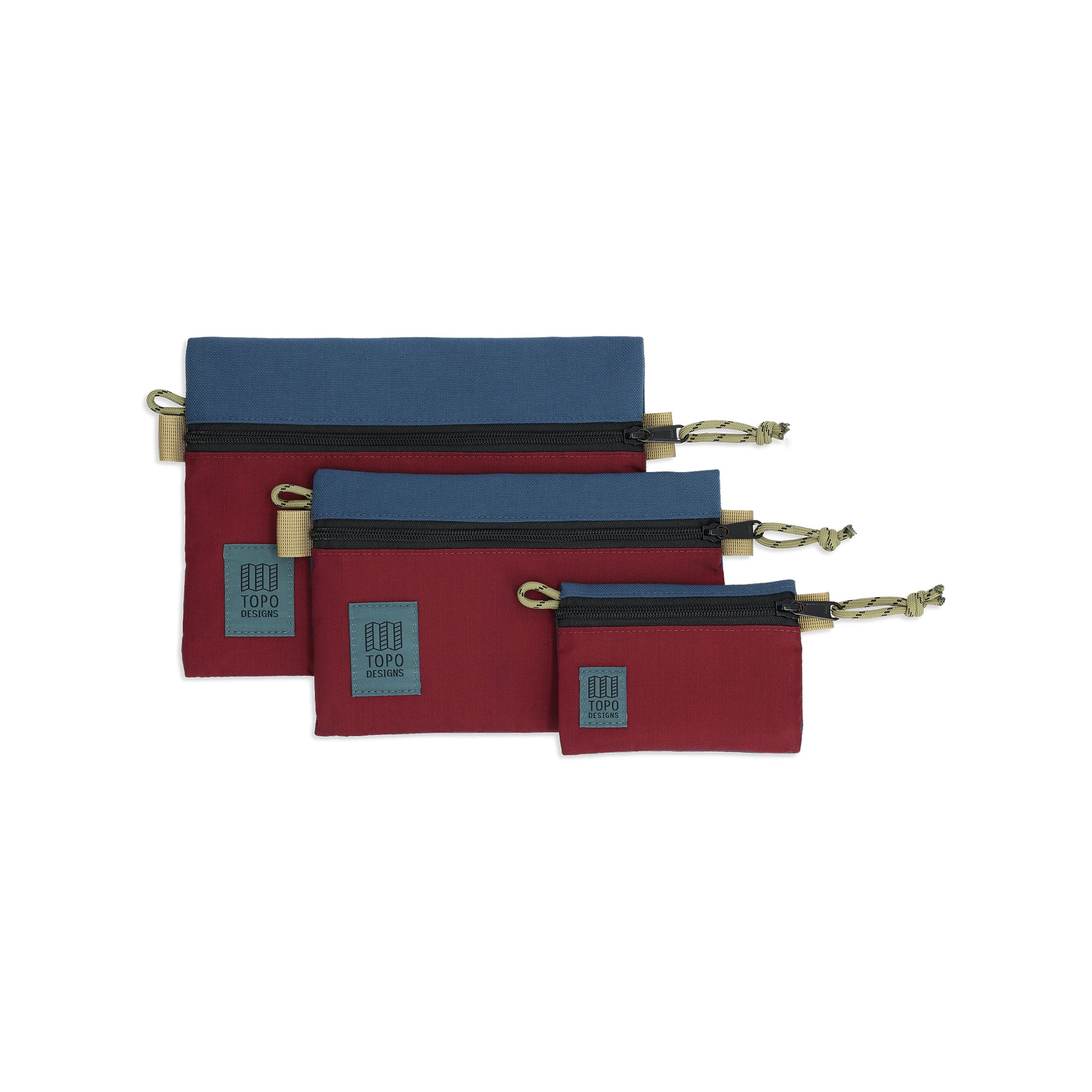 Front View of Topo Designs Accessory Bags in "Dark Denim / Burgundy"