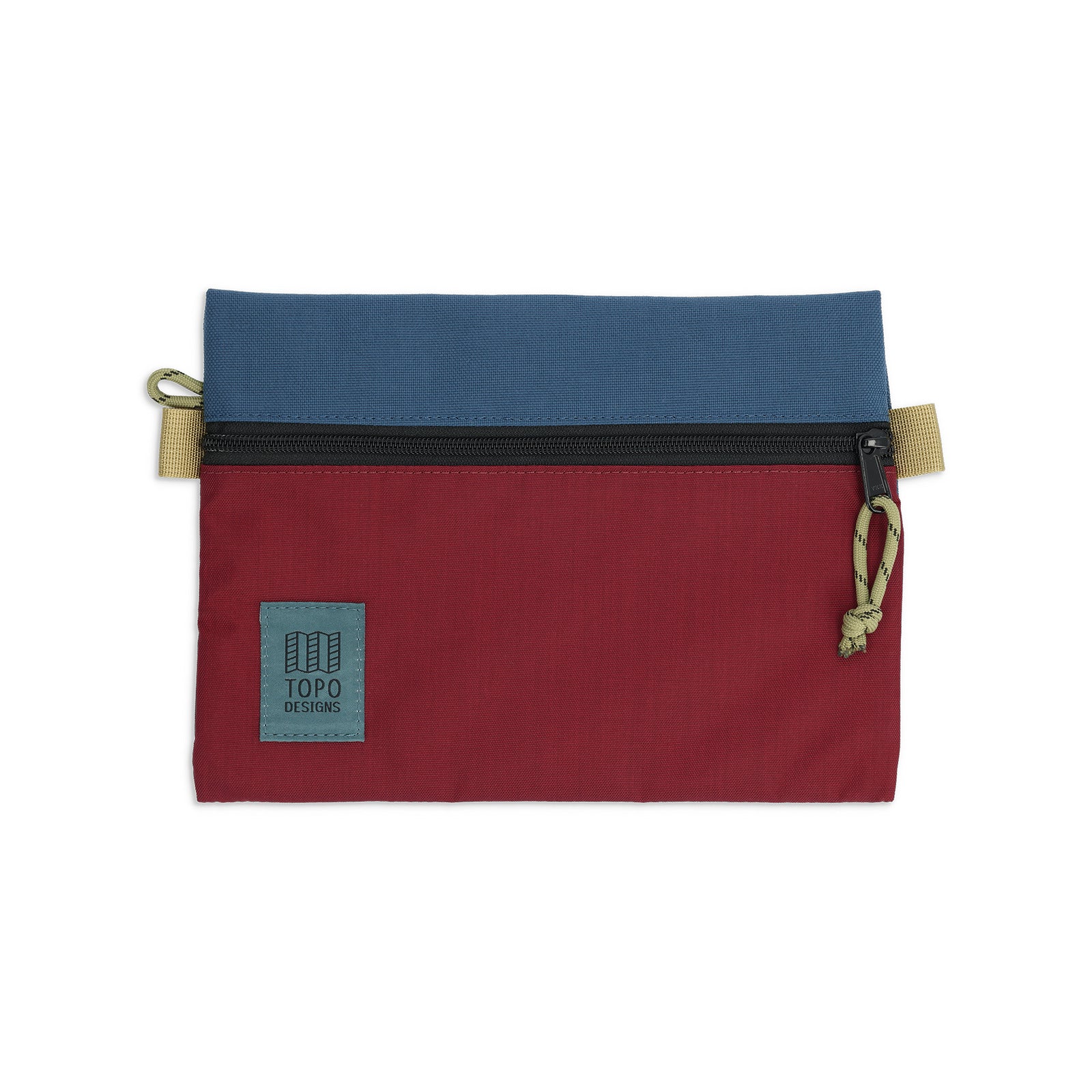 Front View of Topo Designs Accessory Bags in "Medium" "Dark Denim / Burgundy"
