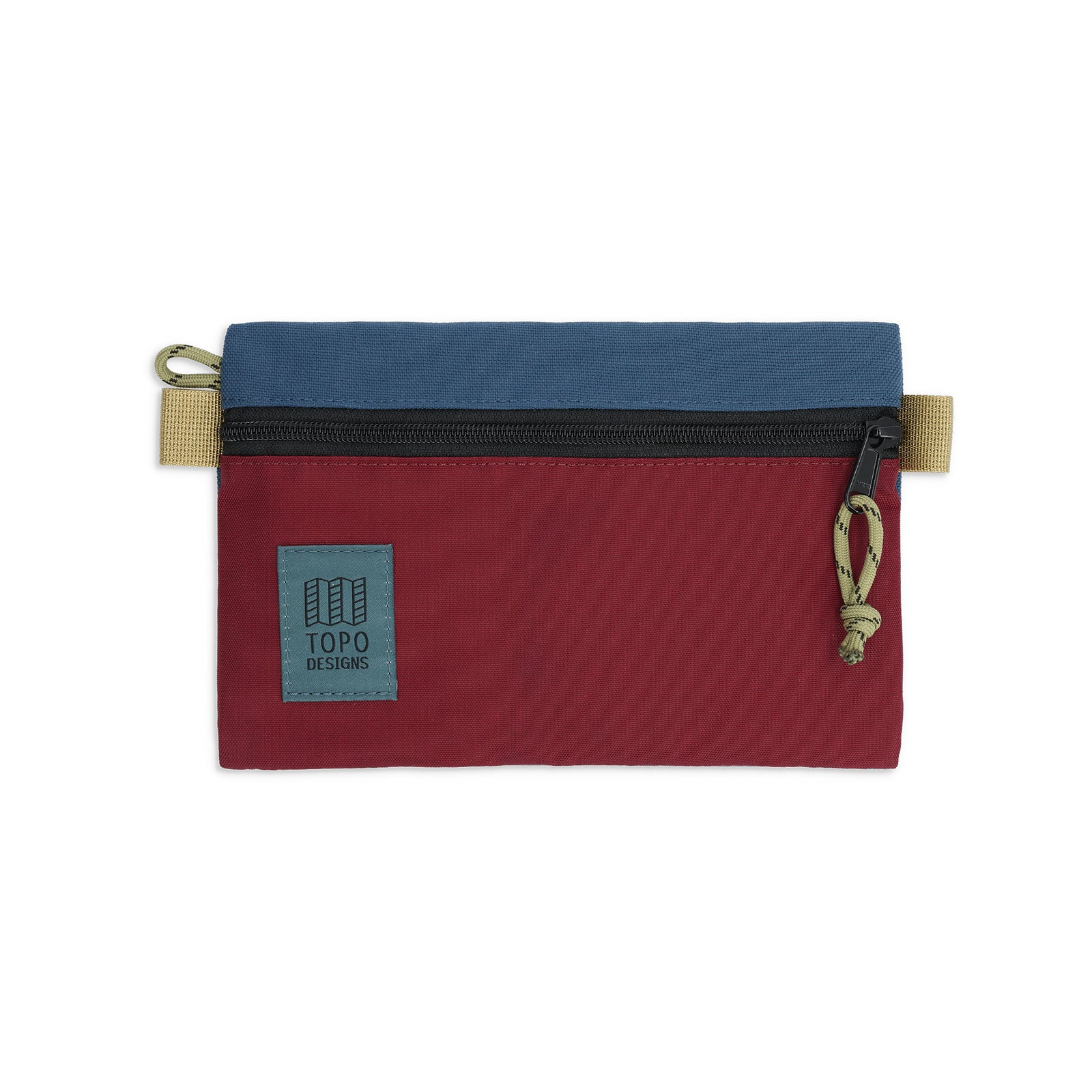 Front View of Topo Designs Accessory Bags in "Small" "Dark Denim / Burgundy"