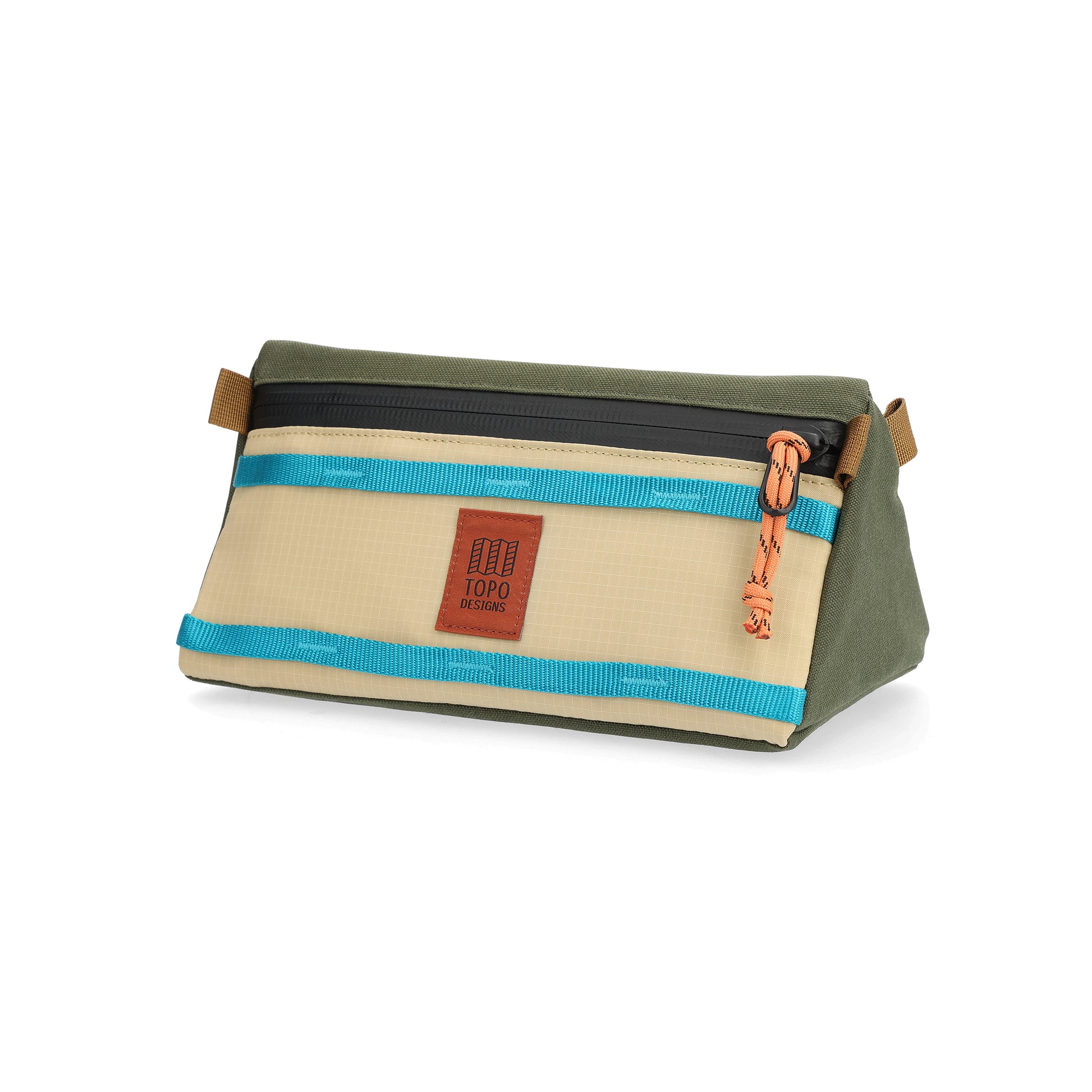 Rectangular bike bag with olive green top, tan body, blue webbing straps, brown leather handles, and orange zipper pull in "Olive / Hemp"