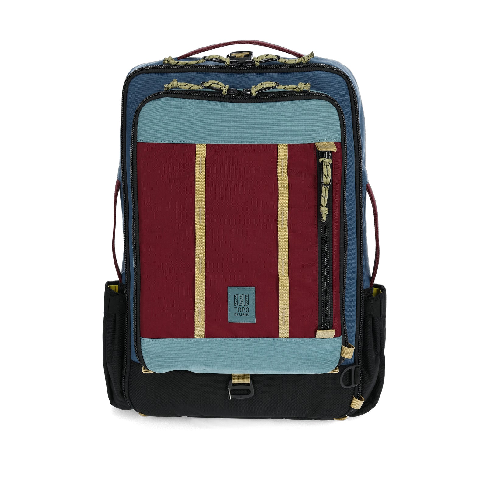 Front View of Topo Designs Global Travel Bag 30L  in "Dark Denim / Burgundy"