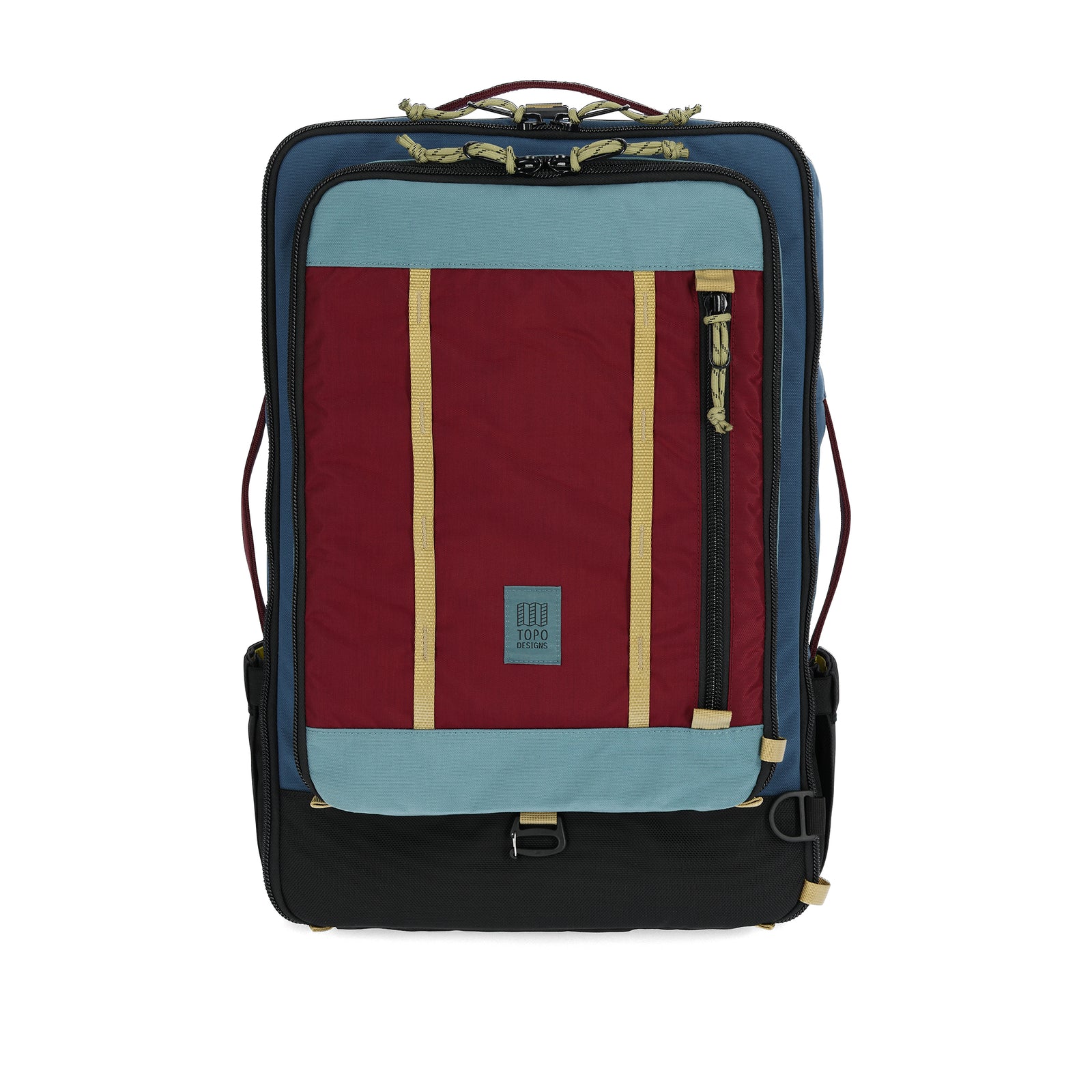 Front View of Topo Designs Global Travel Bag 40L  in "Dark Denim / Burgundy"