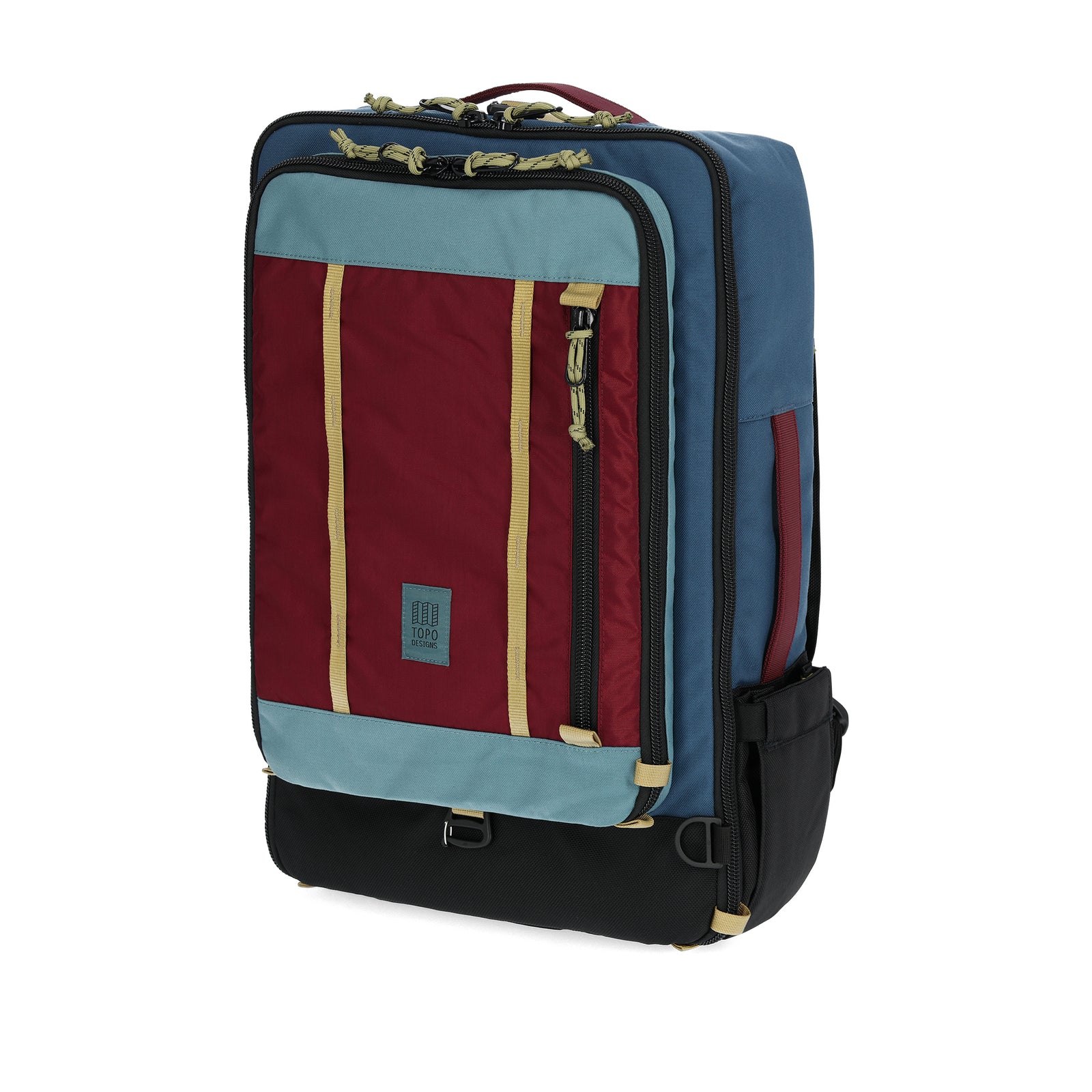 Front View of Topo Designs Global Travel Bag 40L  in "Dark Denim / Burgundy"