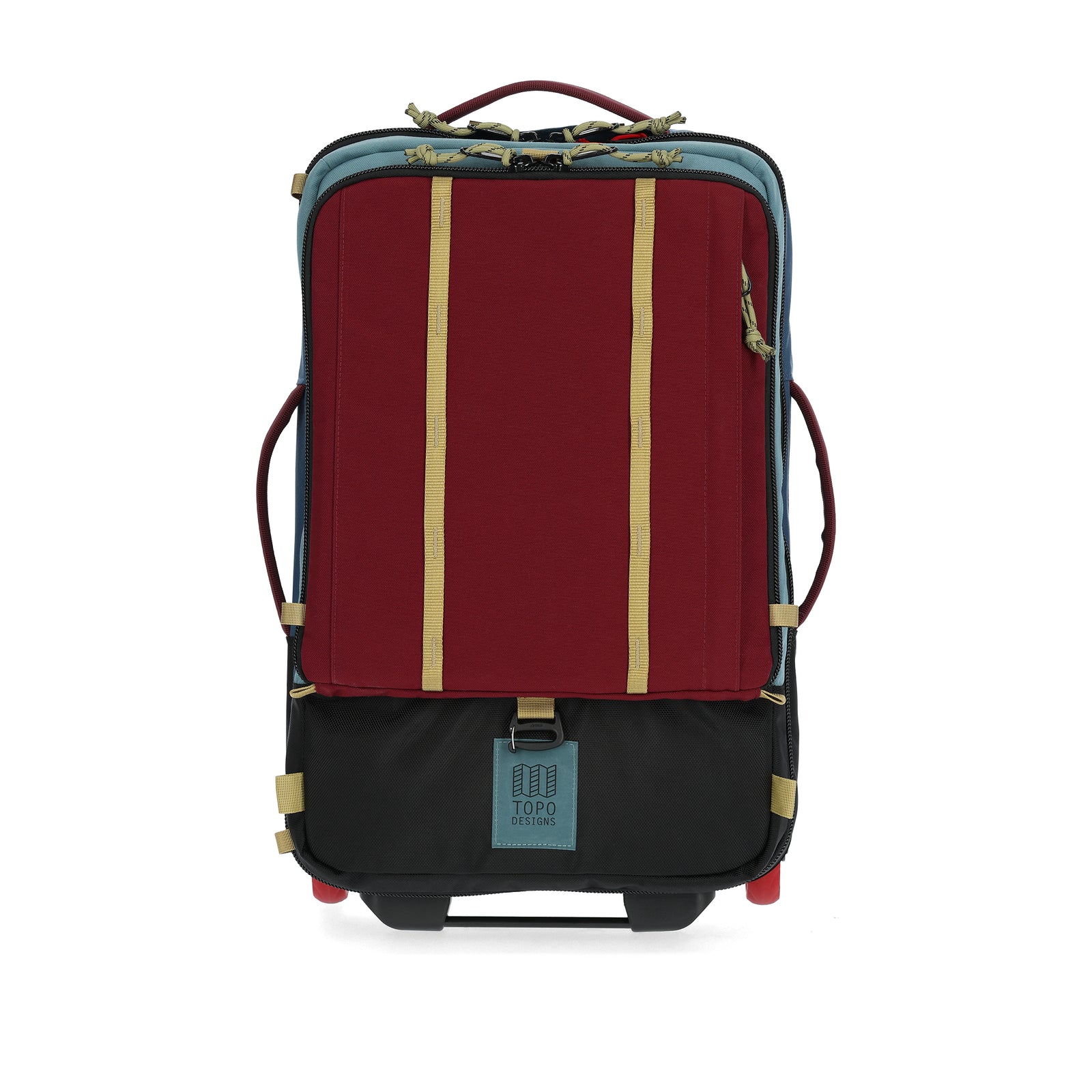 Front View of Topo Designs Global Travel Bag Roller  in "Dark Denim / Burgundy"