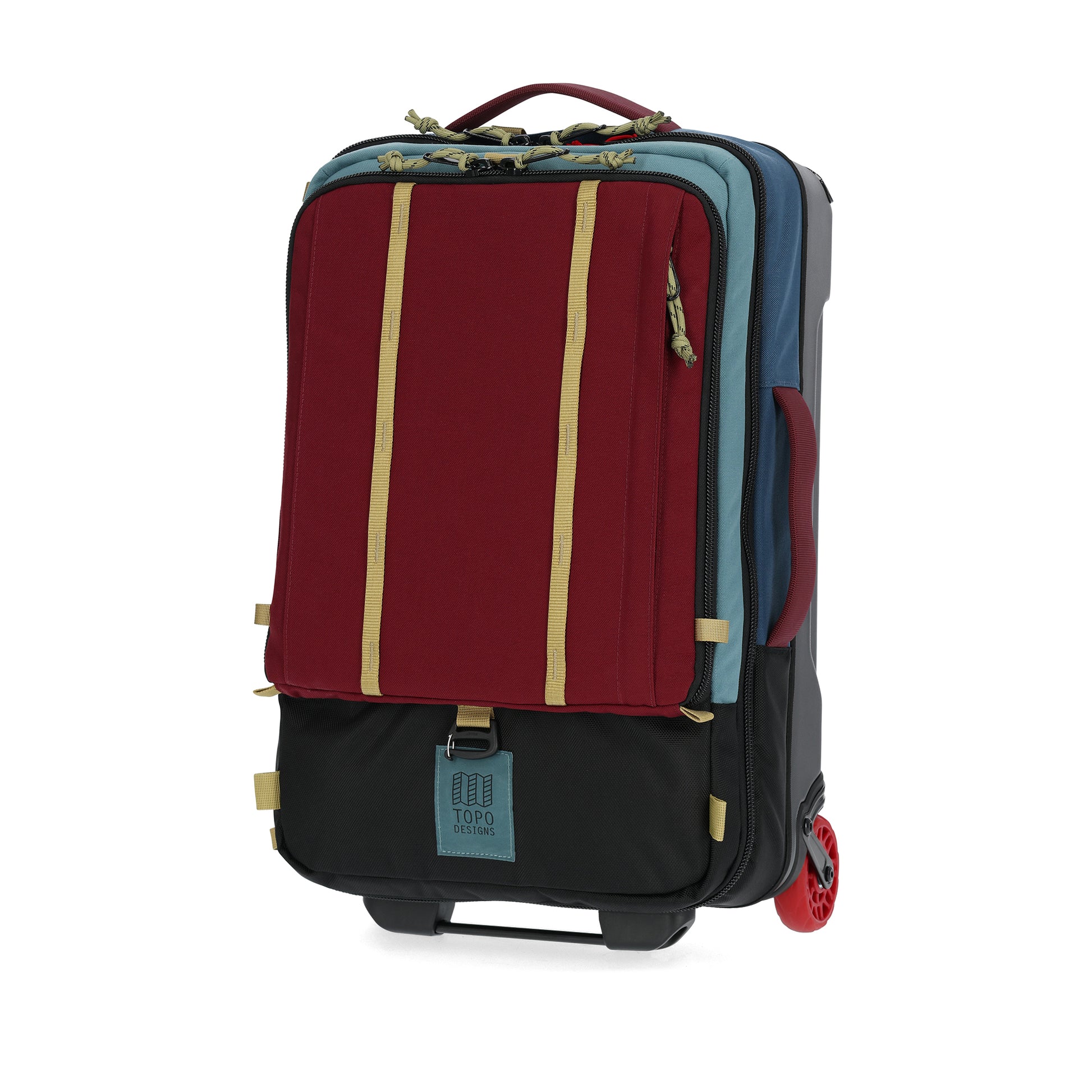 Burgundy and black wheeled travel bag with teal accents, tan straps, and a burgundy top handle.