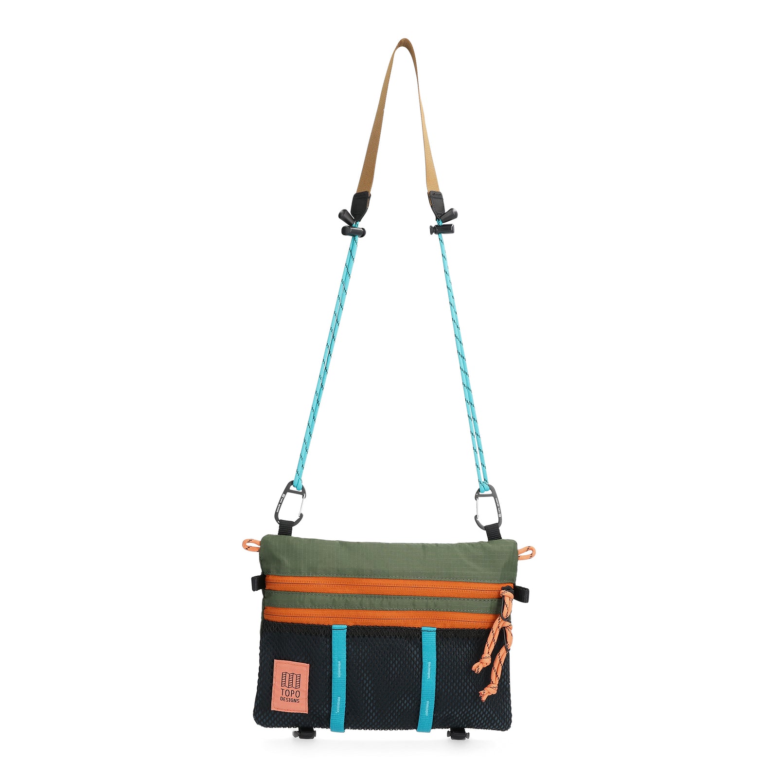 Front View of Topo Designs Mountain Accessory Shoulder Bag in "Olive / Pond Blue"