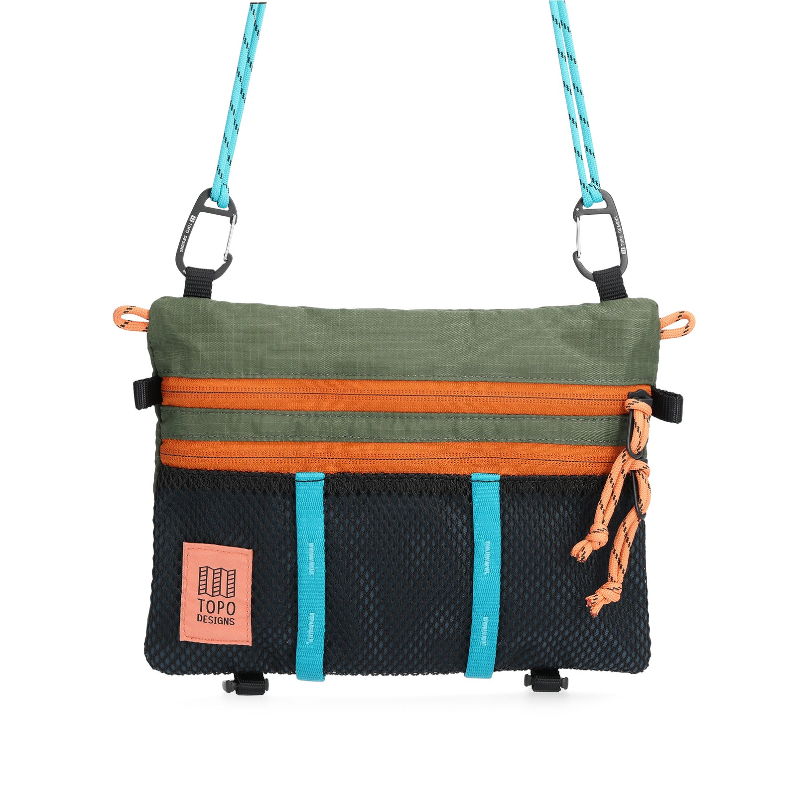 Front View of Topo Designs Mountain Accessory Shoulder Bag in "Olive / Pond Blue"