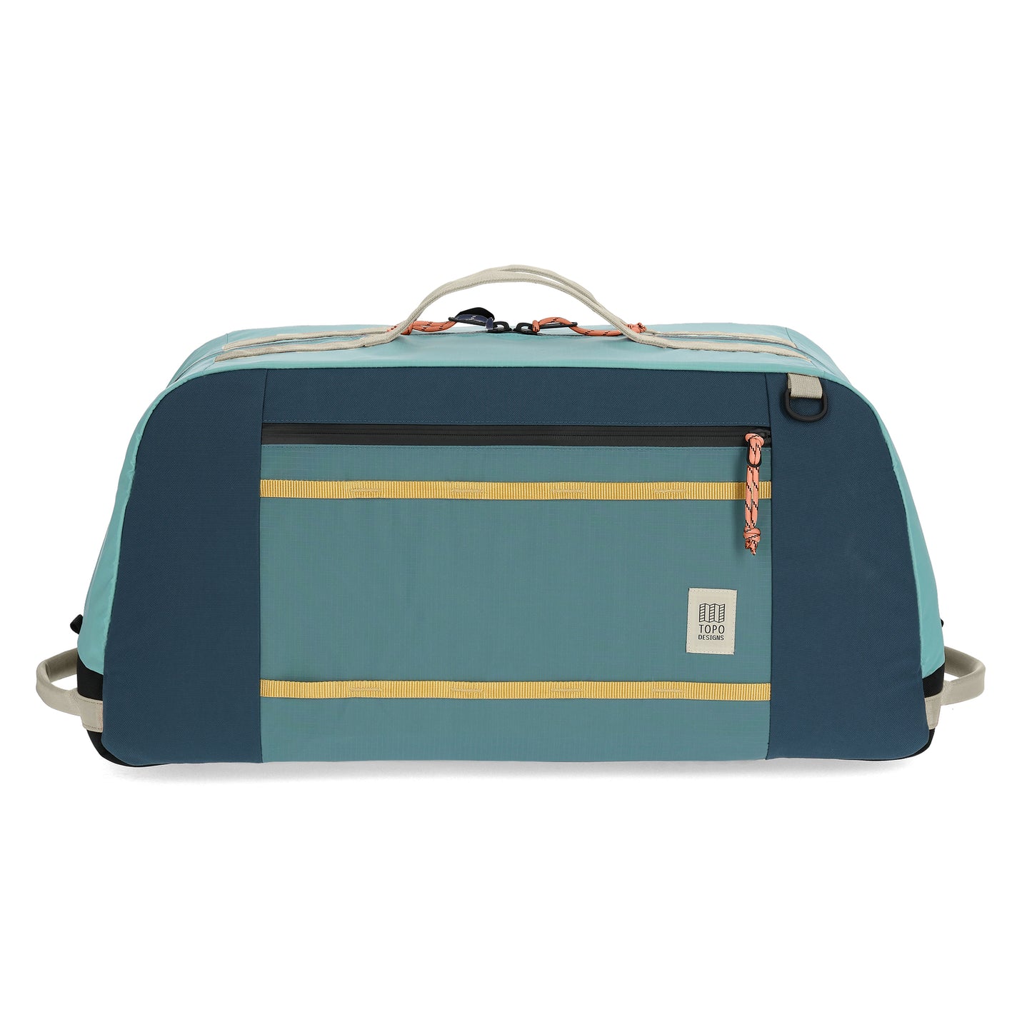 Front View of Topo Designs Mountain Duffel 70L in "Geode Green / Sea Pine"