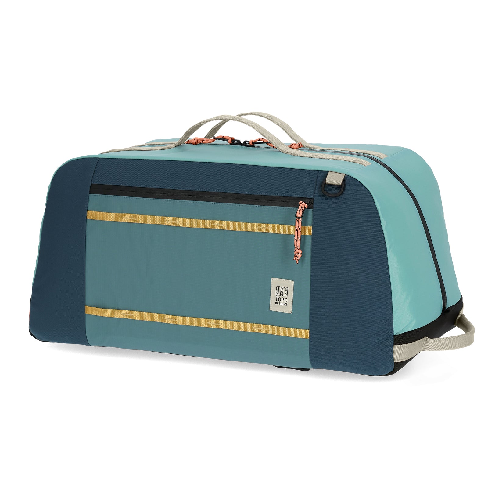 Front View of Topo Designs Mountain Duffel 70L in "Geode Green / Sea Pine"