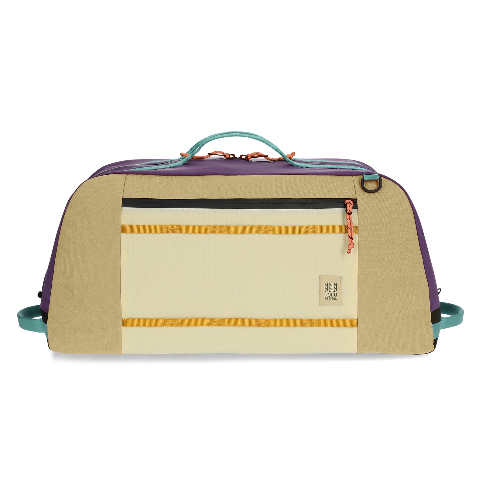 Front View of Topo Designs Mountain Duffel 70L in "Loganberry / Bone White"