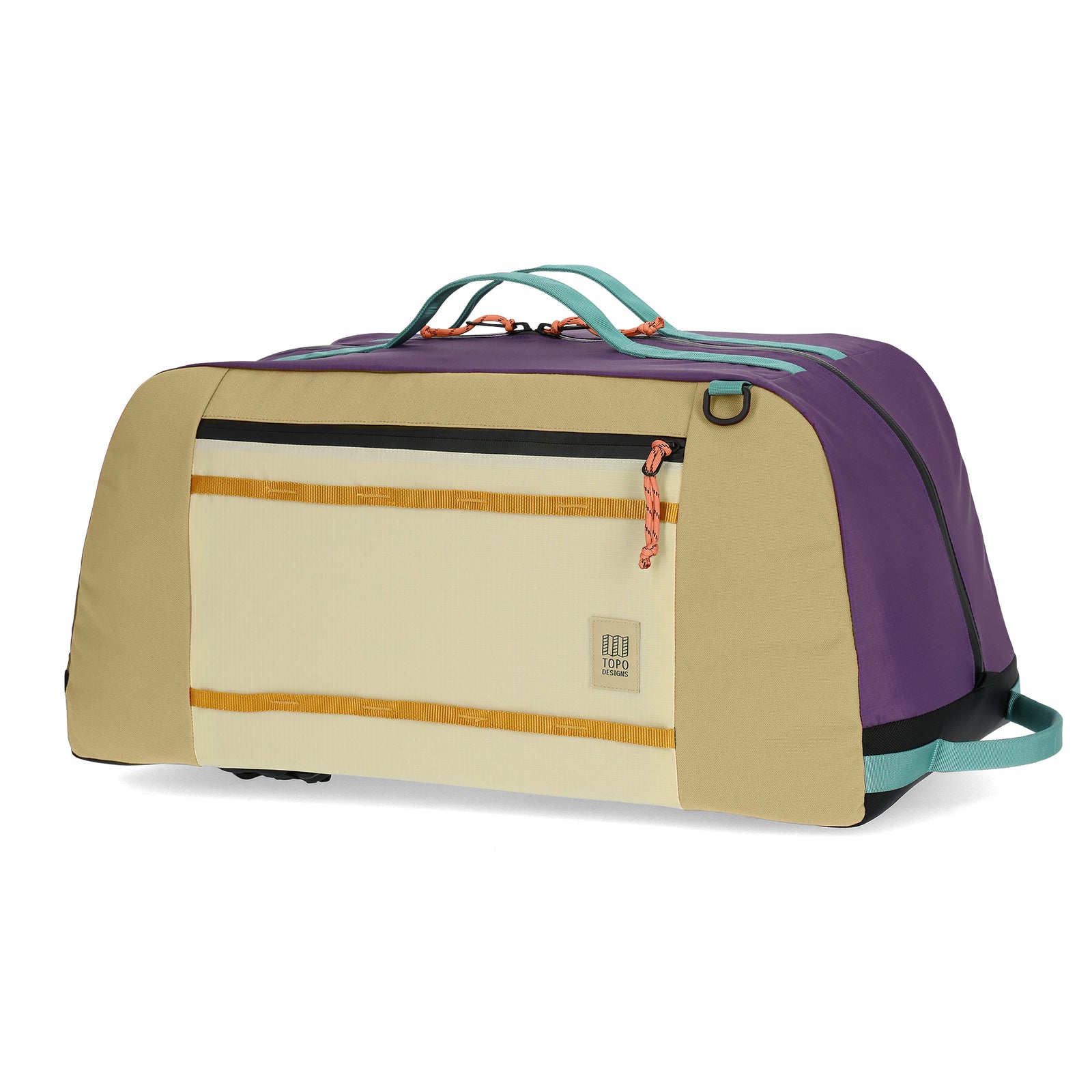 Front View of Topo Designs Mountain Duffel 70L in "Loganberry / Bone White"