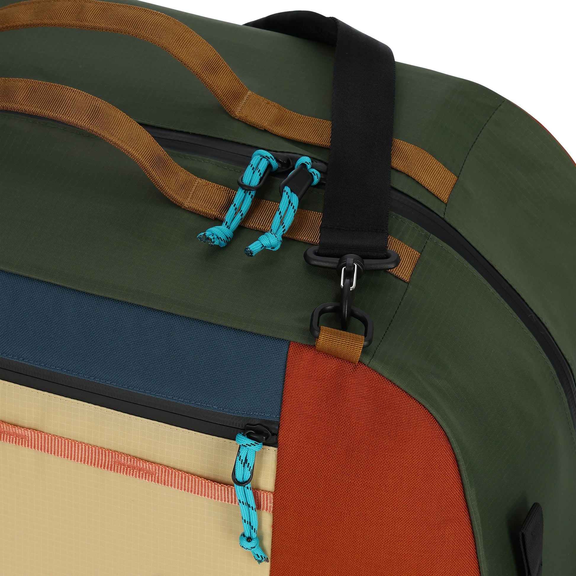 Detail shot of Topo Designs Mountain Duffel 70L in "Olive / Hemp"