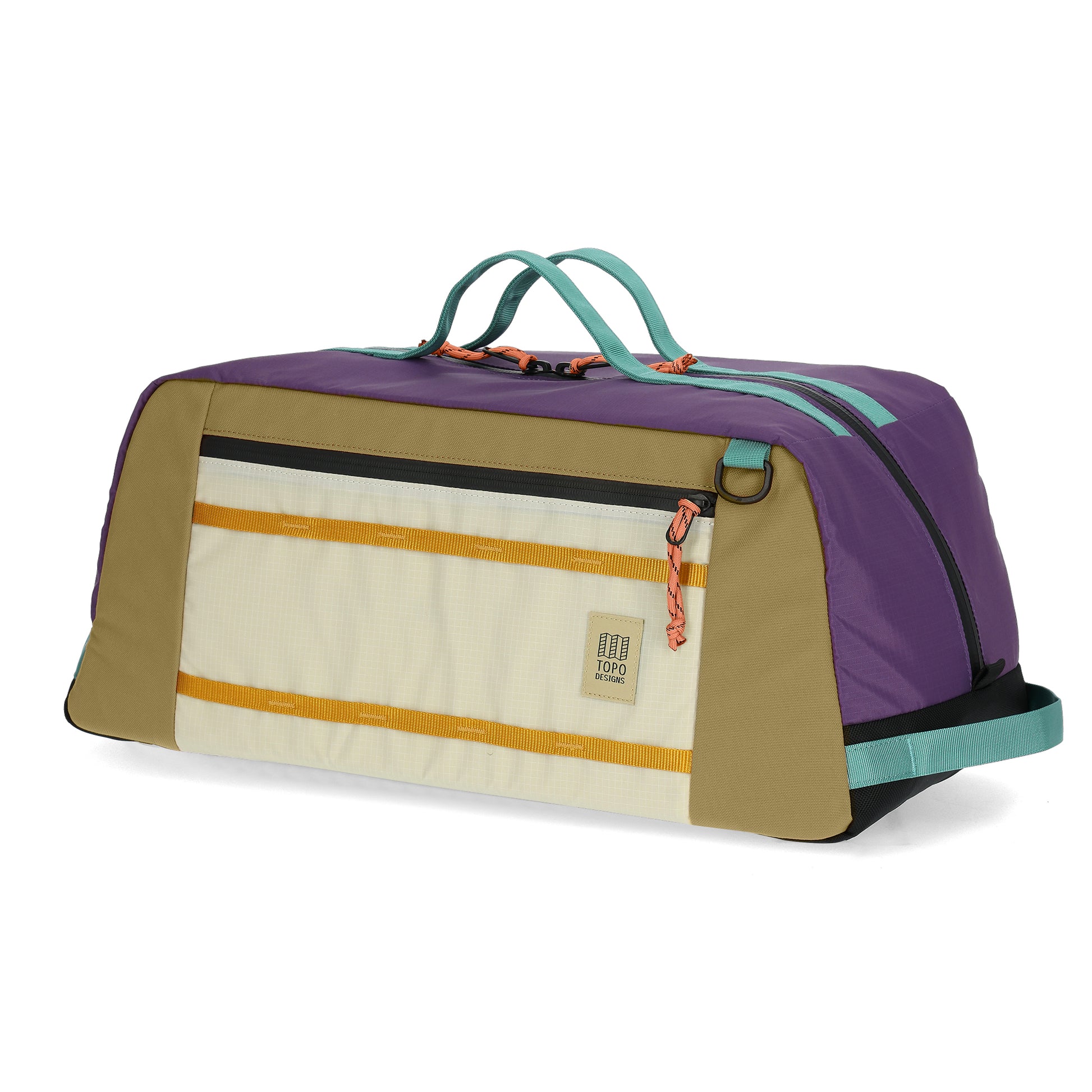 Front View of Topo Designs Mountain Duffel in "Loganberry / Bone White"