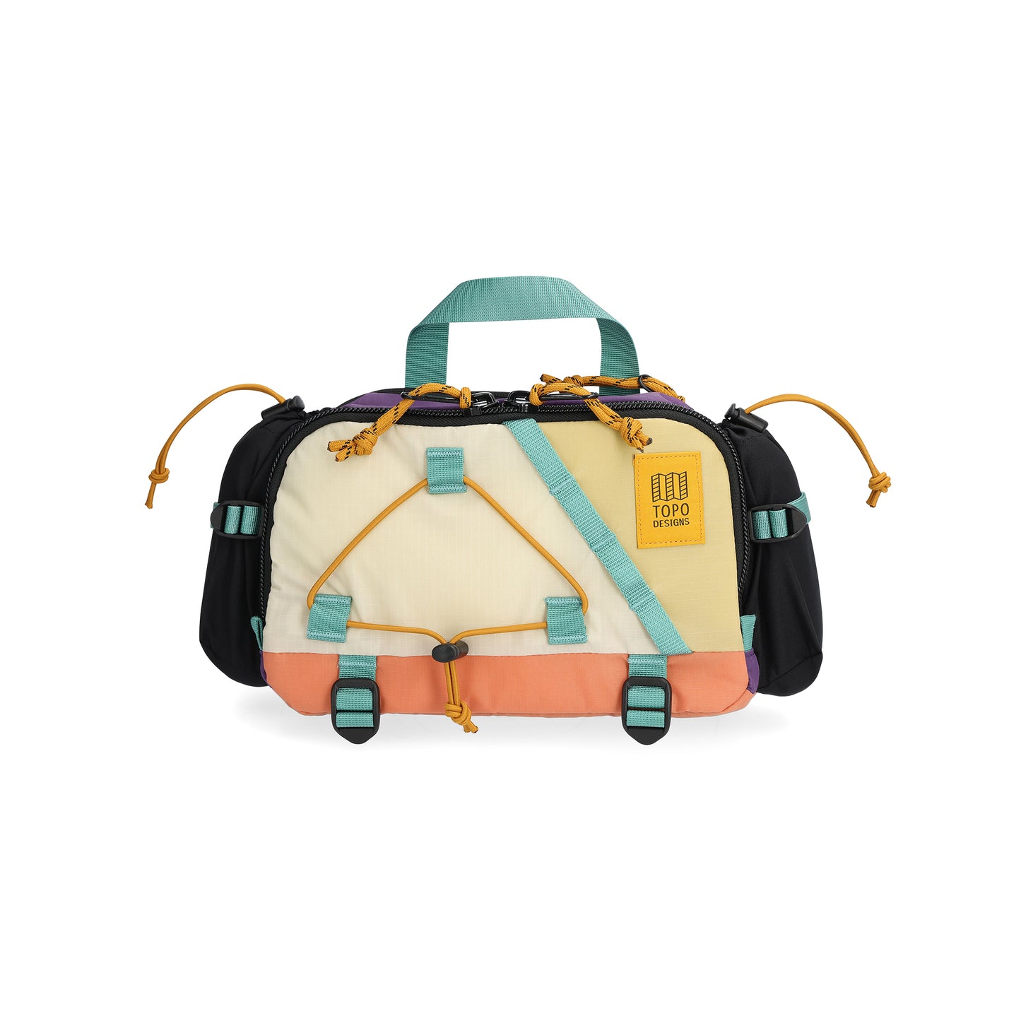 Front View of Topo Designs Mountain Hydro Hip Pack in "Loganberry / Bone White"