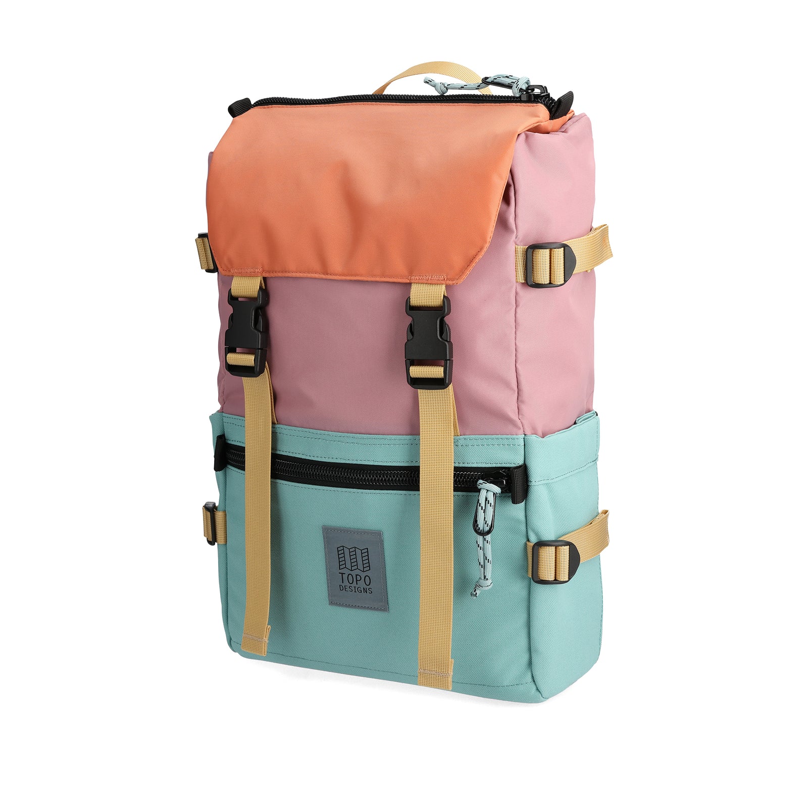 Front View of Topo Designs Rover Pack Classic in "Rose / Geode Green"