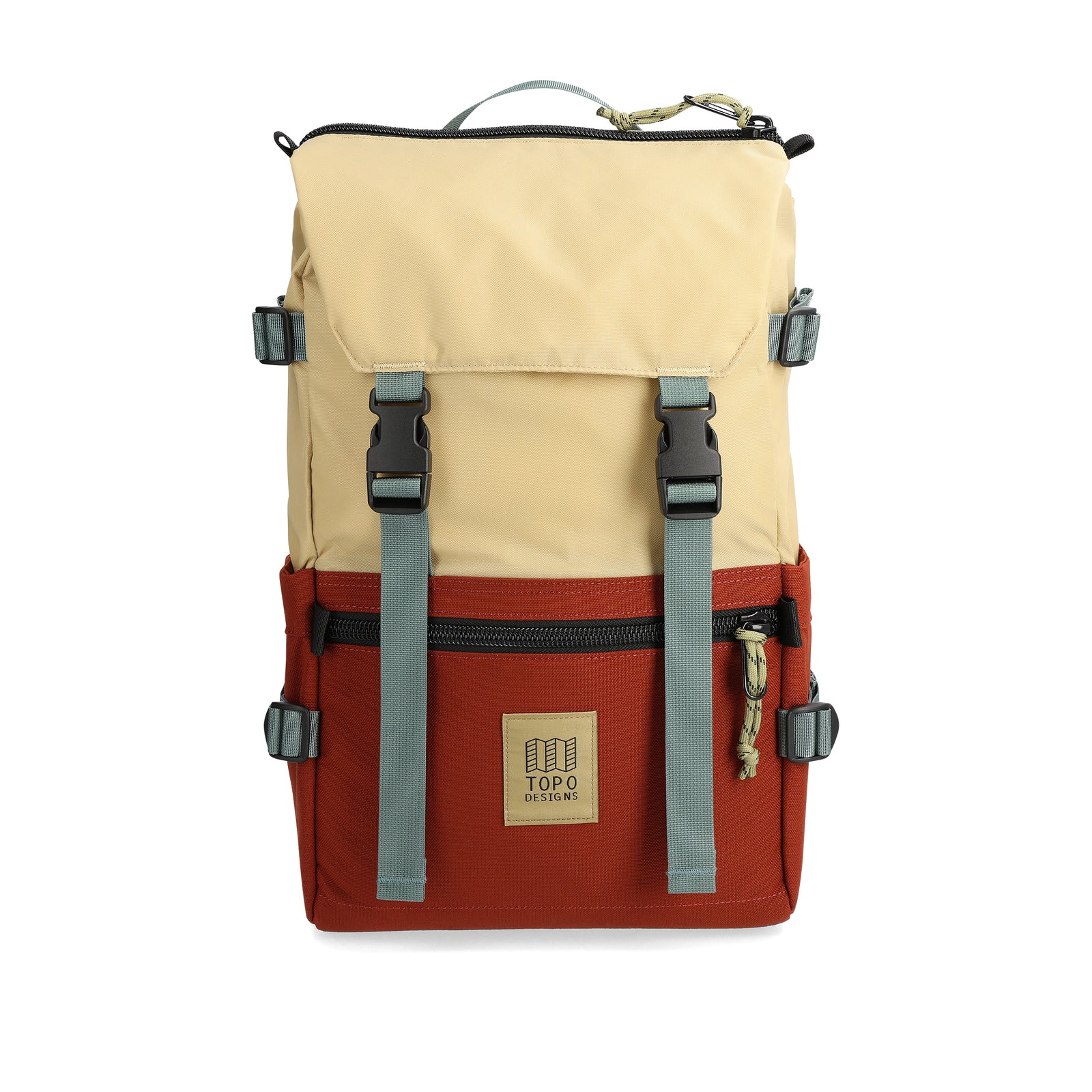 Front View of Topo Designs Rover Pack Classic in "Sahara / Fire Brick"