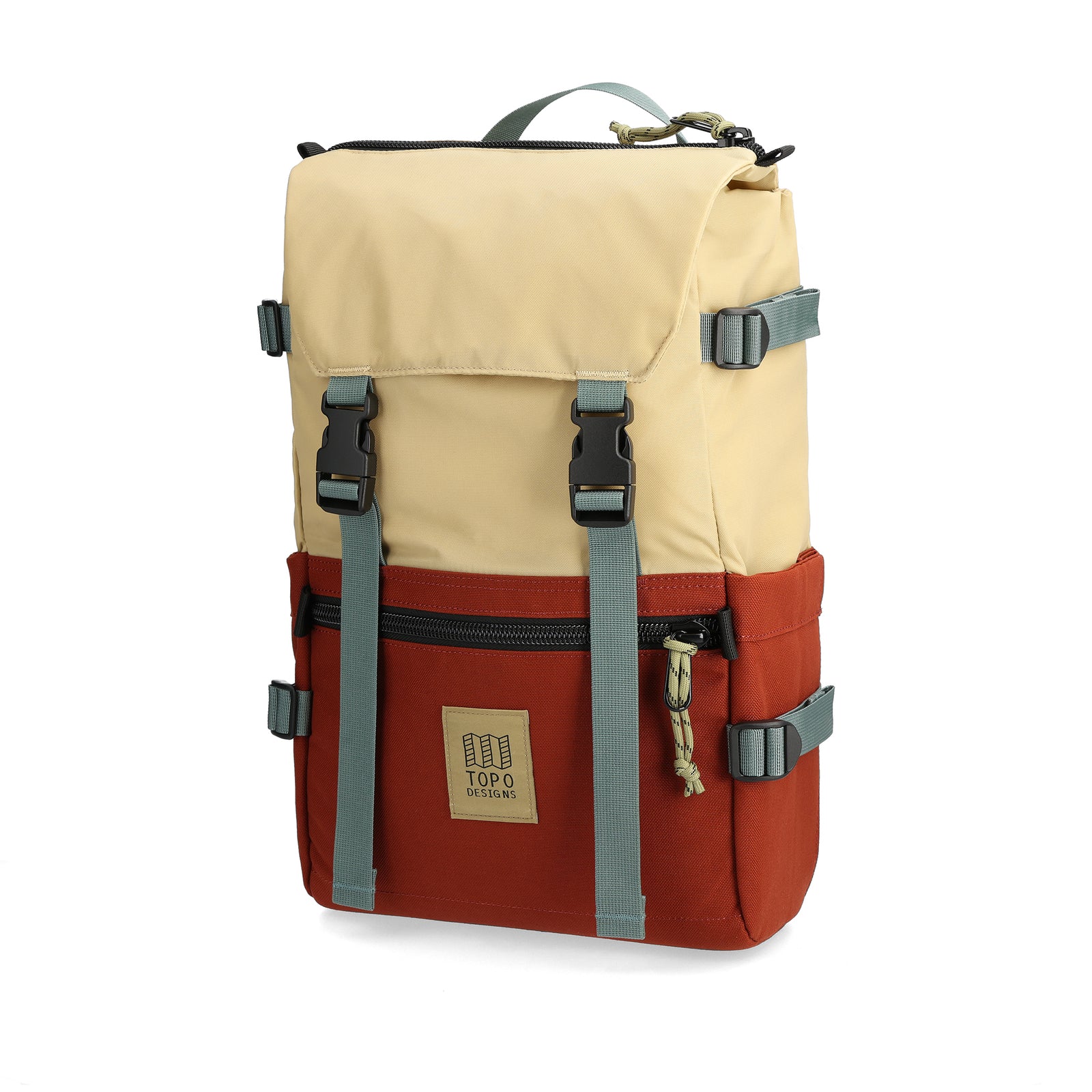 Front View of Topo Designs Rover Pack Classic in "Sahara / Fire Brick"