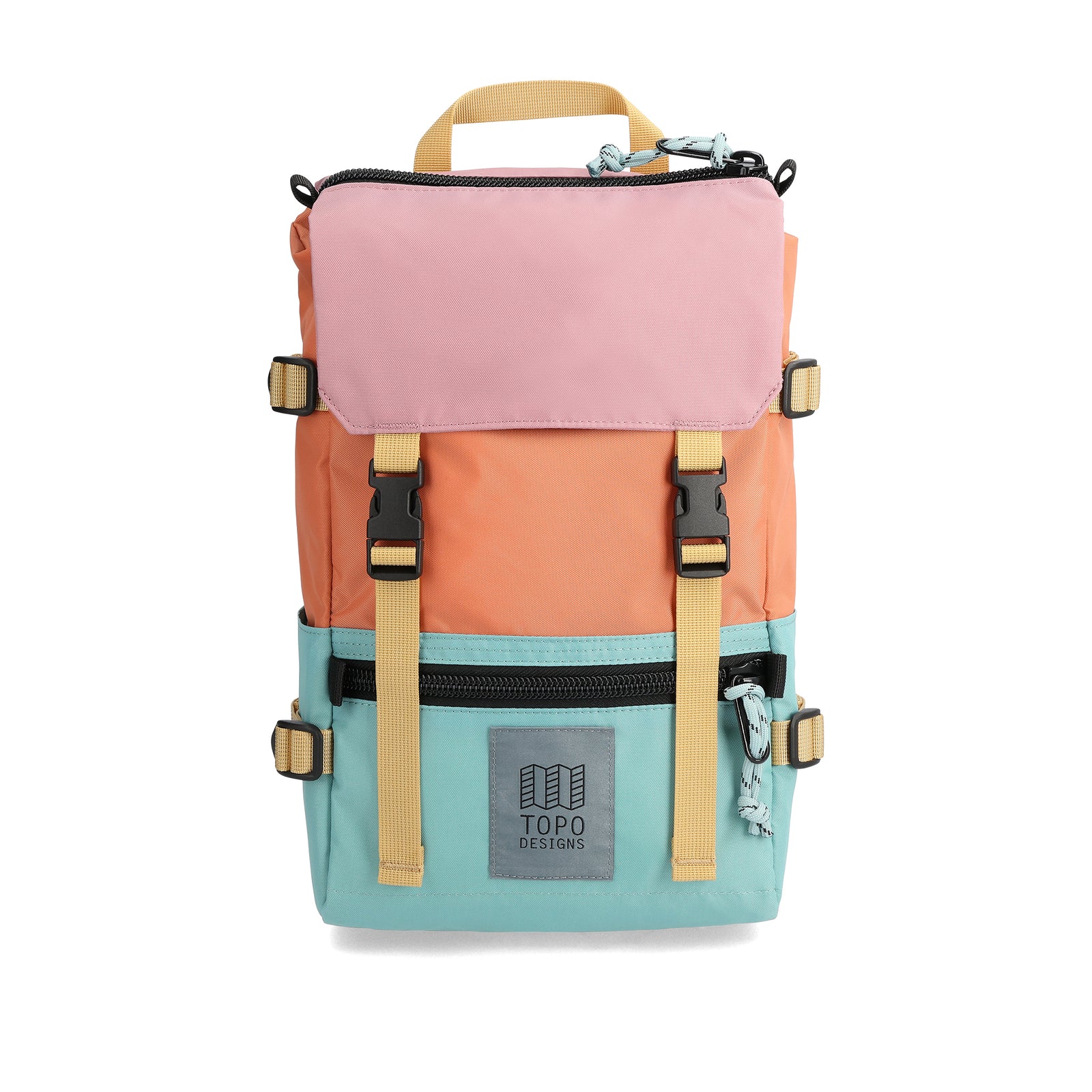 Front View of Topo Designs Rover Pack Mini in "Rose / Geode Green"