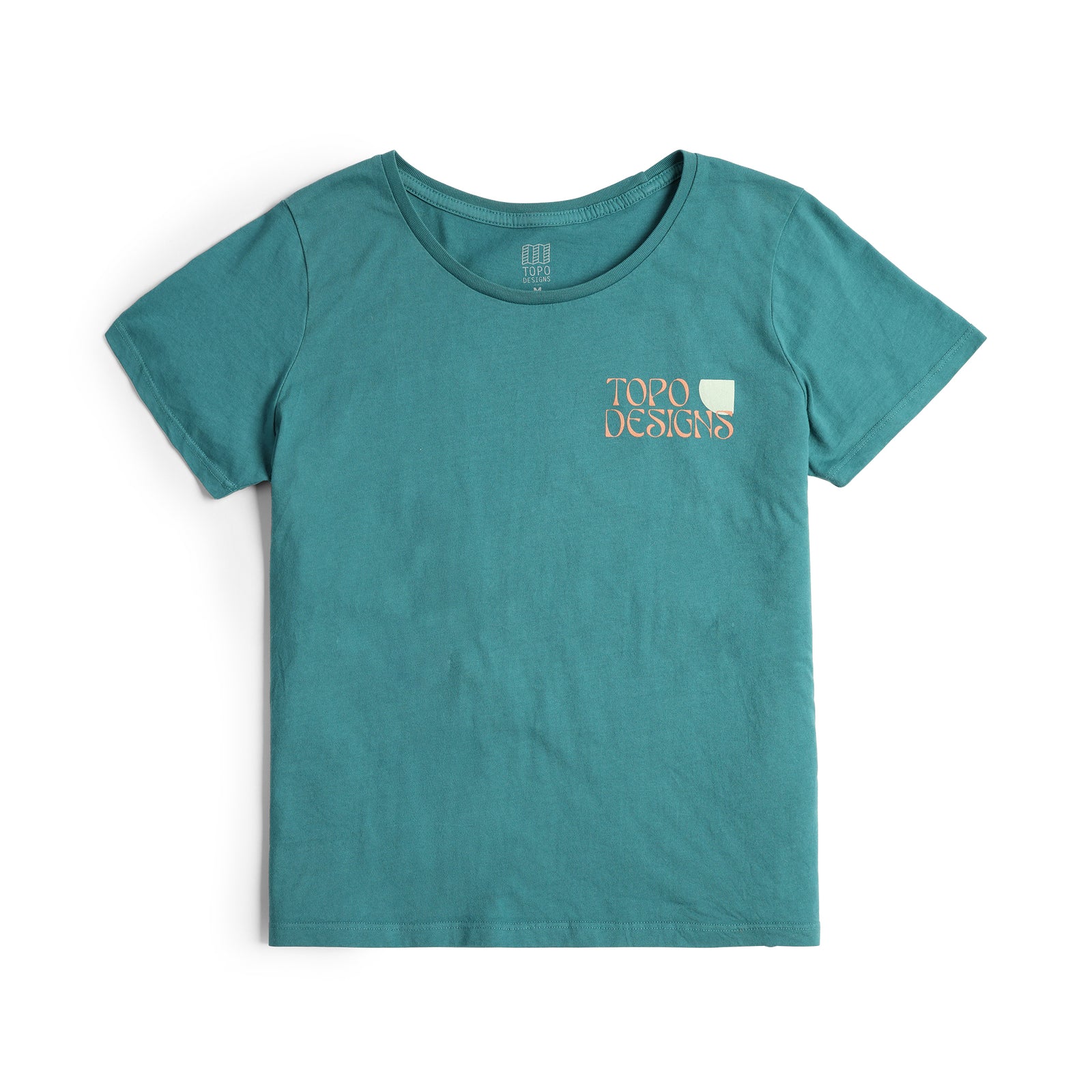 Front view of Topo Designs Women's Canyons Tee 100% organic cotton short sleeve graphic logo t-shirt in "caribbean" blue.