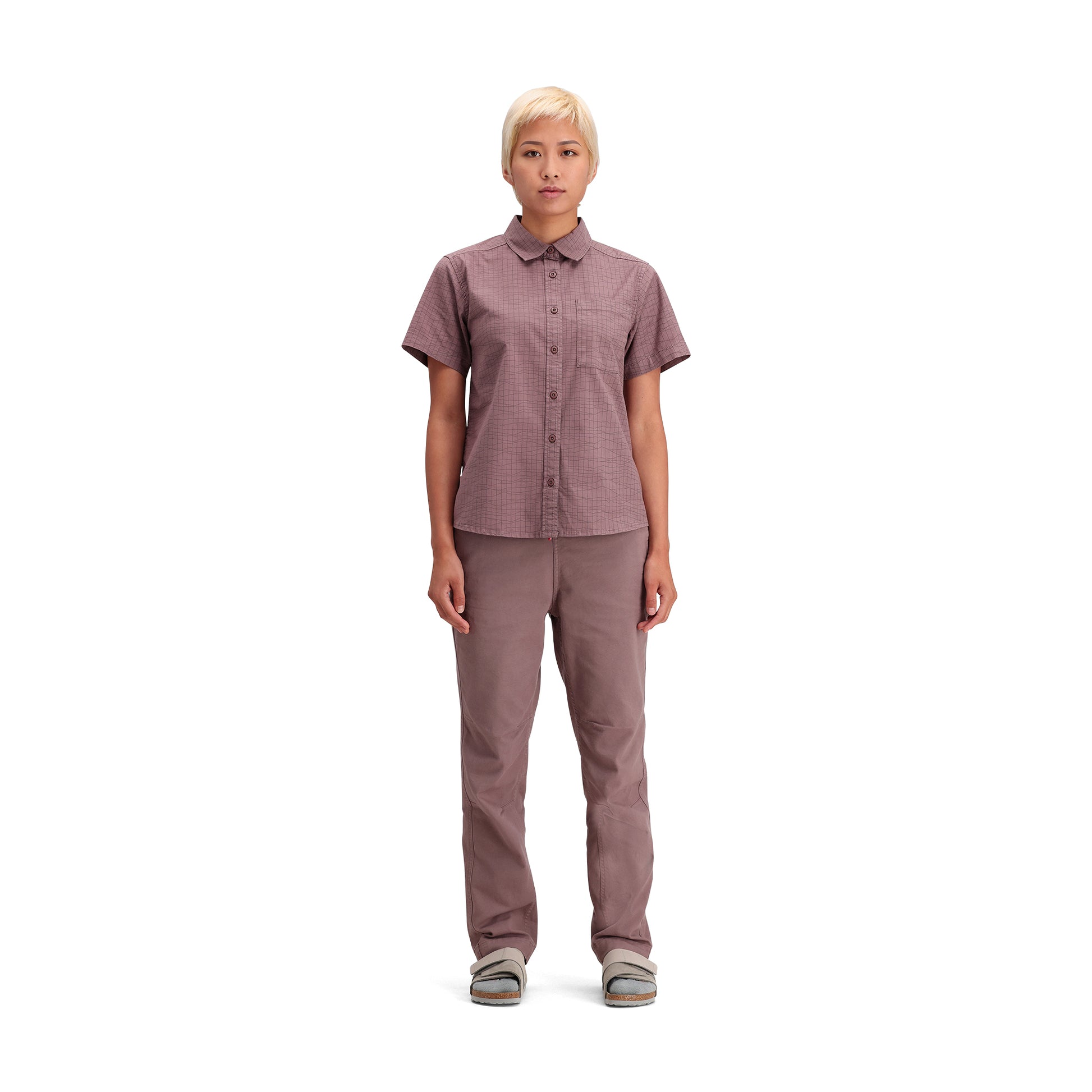 General front model shot of Topo Designs Dirt Pants Classic - Women's in "Peppercorn"