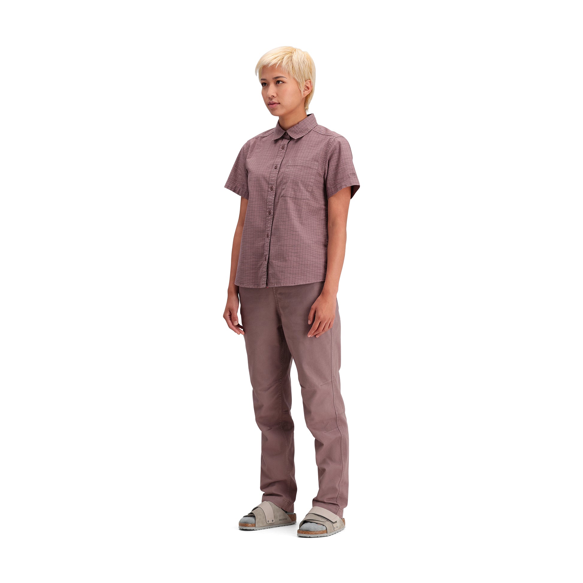 General side model shot of Topo Designs Dirt Pants Classic - Women's in "Peppercorn"