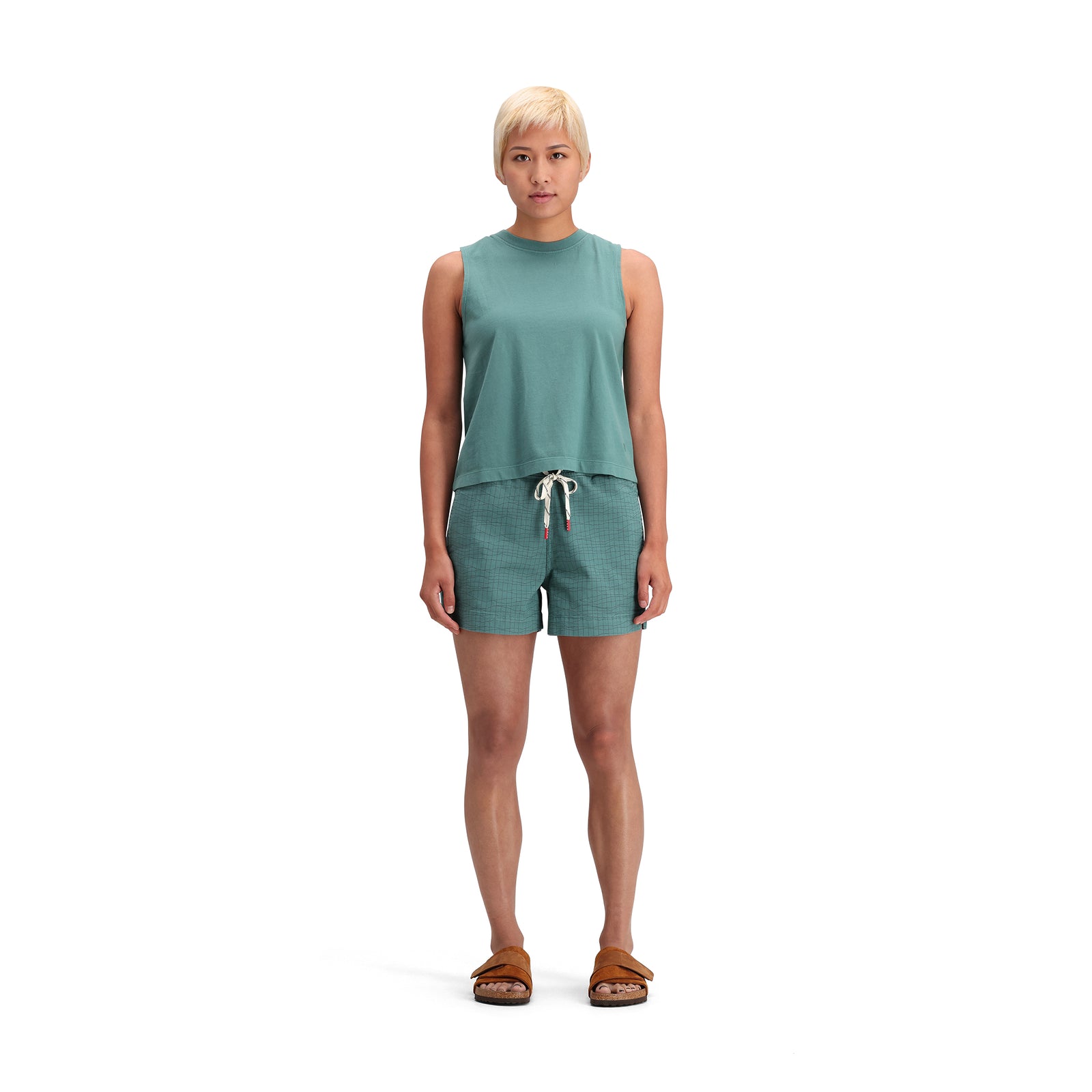 General front model shot of Topo Designs Dirt Shorts - Women's in "Sea Pine Terrain"