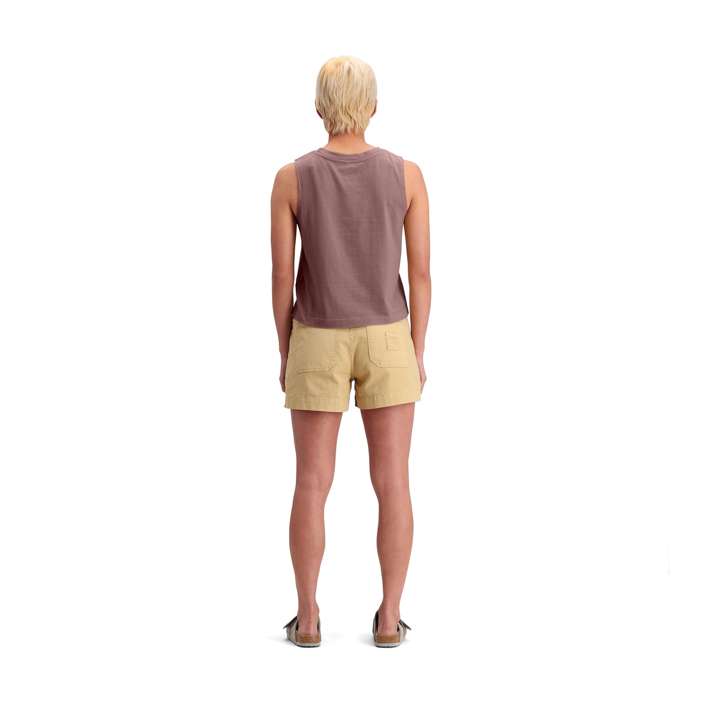 General back model shot of Topo Designs Dirt Tank - Women's in "Peppercorn"