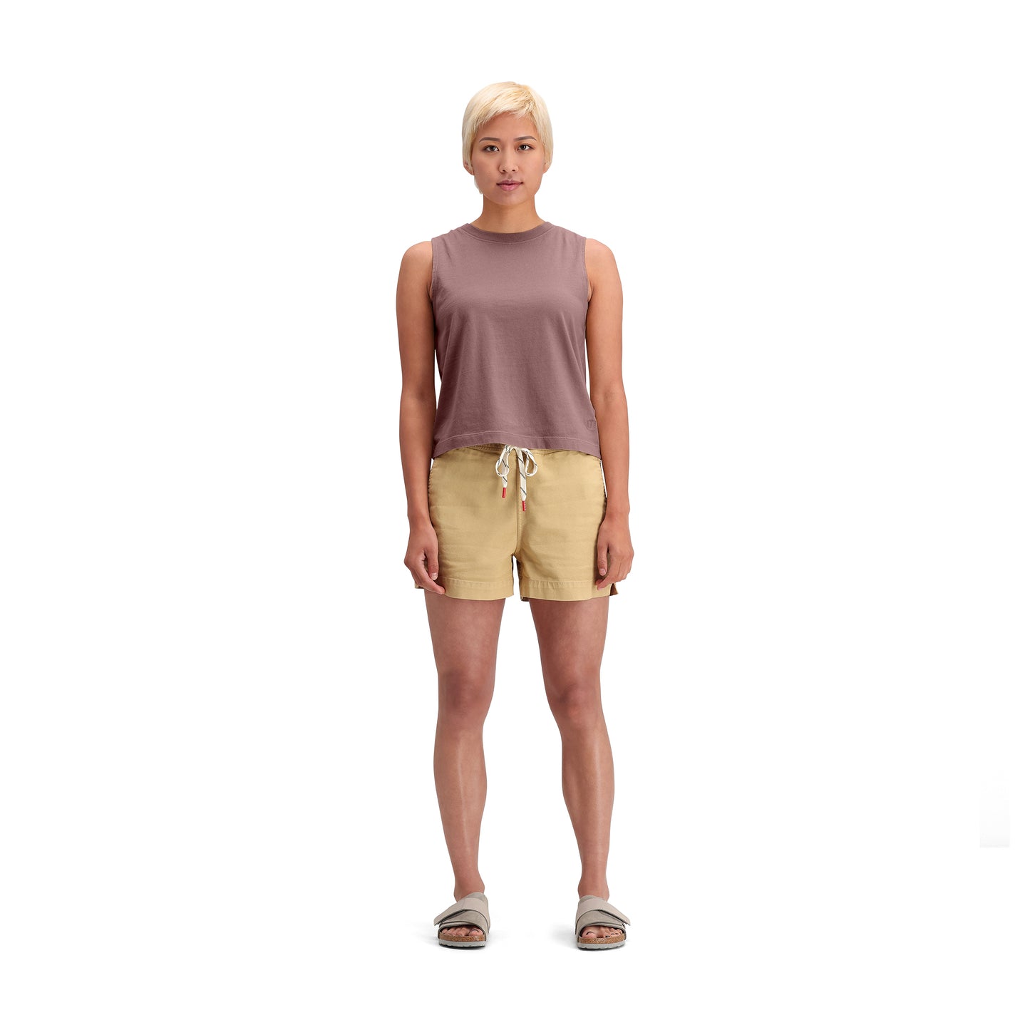 General front model shot of Topo Designs Dirt Tank - Women's in "Peppercorn"