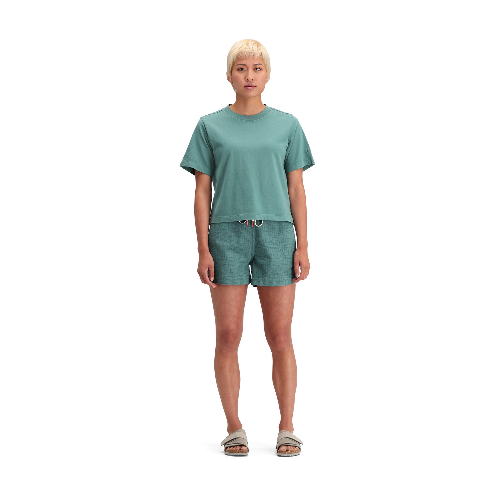 General front model shot of Topo Designs Dirt Tee - Women's in "Sea Pine"