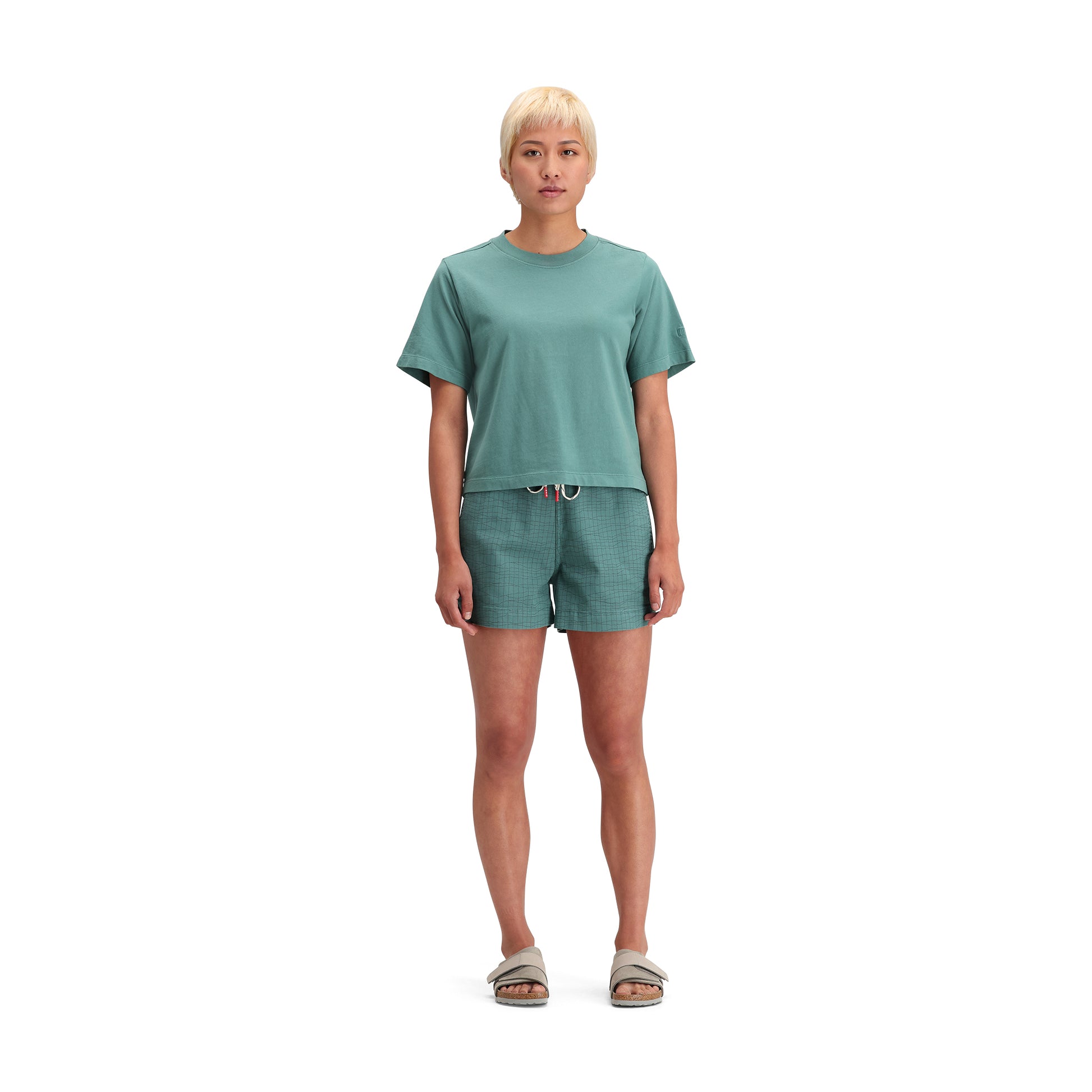 General front model shot of Topo Designs Dirt Tee - Women's in "Sea Pine"