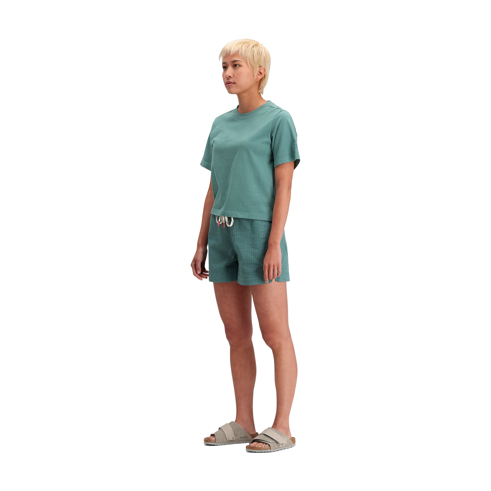 General side model shot of Topo Designs Dirt Tee - Women's in "Sea Pine"